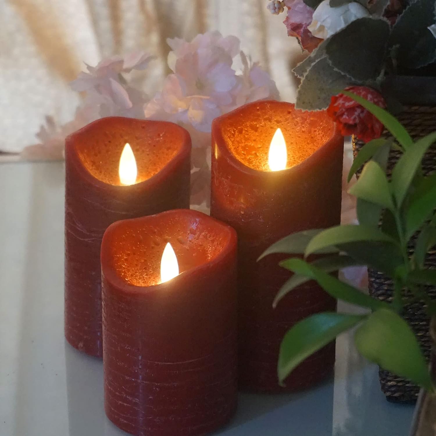 Real Wax Battery Operated Flameless Pillar Candles with Remote and Cycling Timer Realistic Flickering Electric Tall LED Lights for Wedding Dinner Party Christmas Centerpiece Fireplace Decor 3 Pack Red