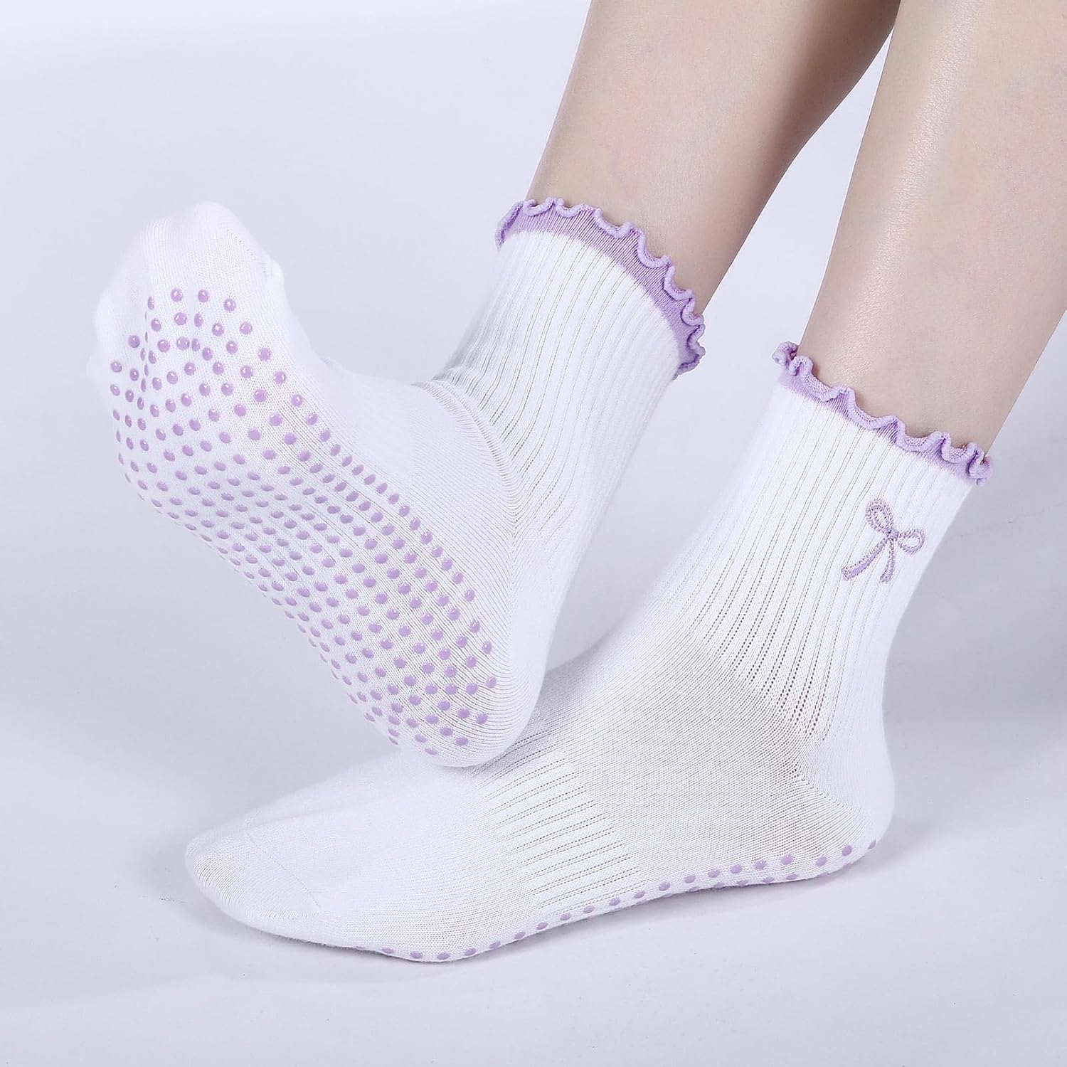 Jeyiour 3 Pairs Cute Grip Pilates Socks Non Slip Women Valentines Pilates Yoga Gift Socks Ruffle Bow Sock - Image 5
