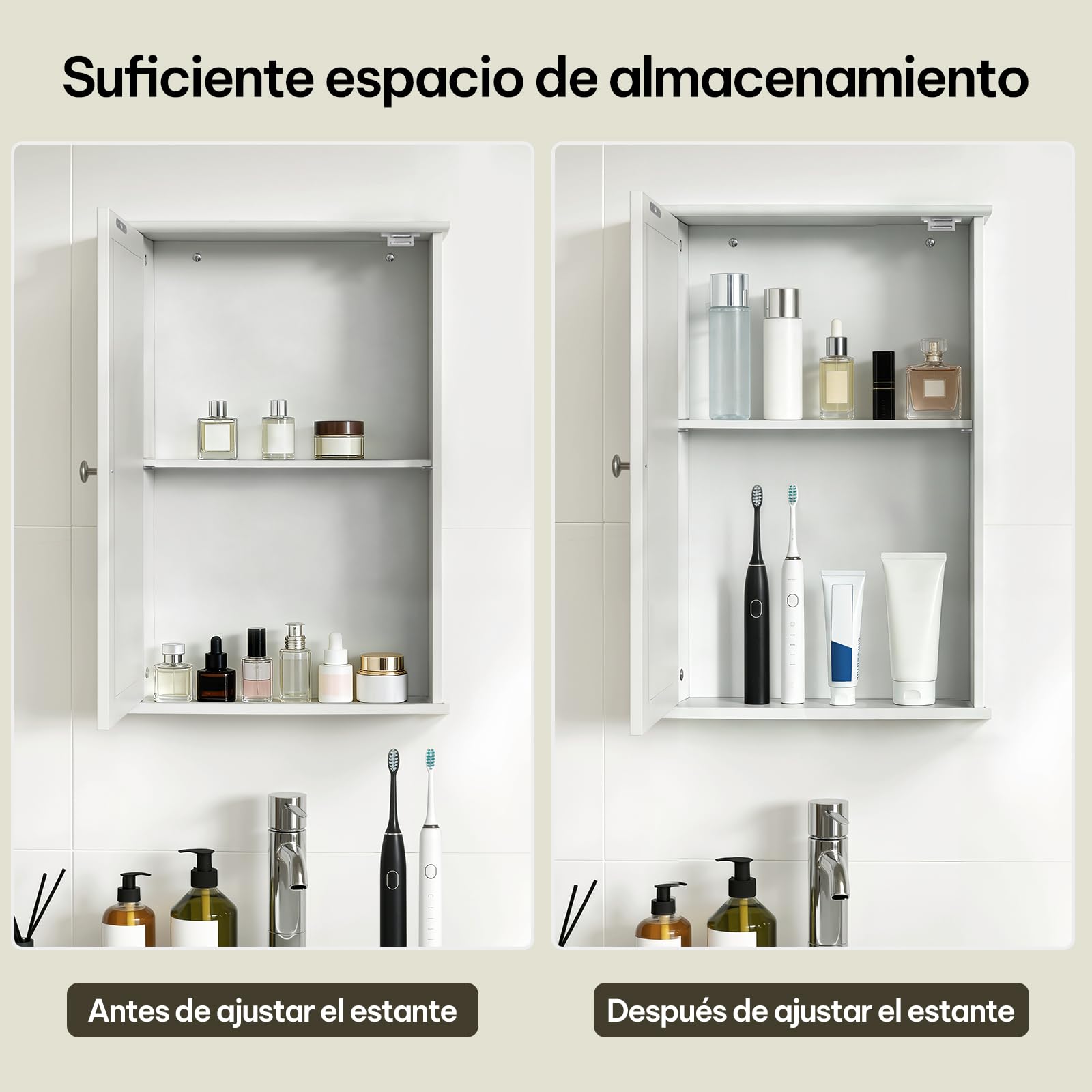 eSituro Mueble de baño Suspendido de Espejo Armario de Ducha de Pared con Toallero y Estante de Medicamentos con Puertas Blanco 42x58,5x12cm