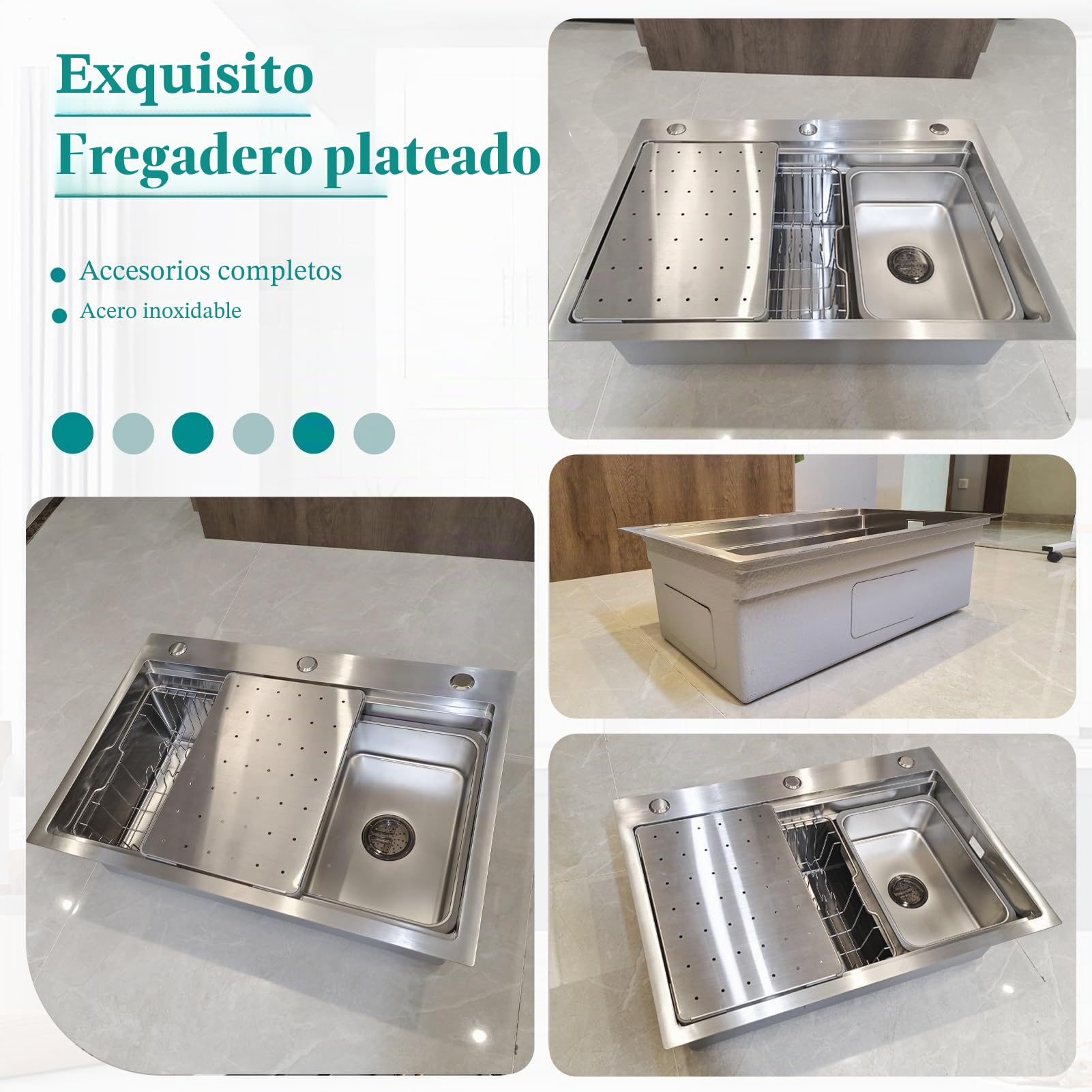 Fregadero Grande de Cocina 80x50cm, Acero Inoxidable 304 Cepillado, 1 Seno, con Tabla Cortar Inox, Escurridor, Rejilla y Kit Desagüe Completo, para Bajoencimera o Sobremesa