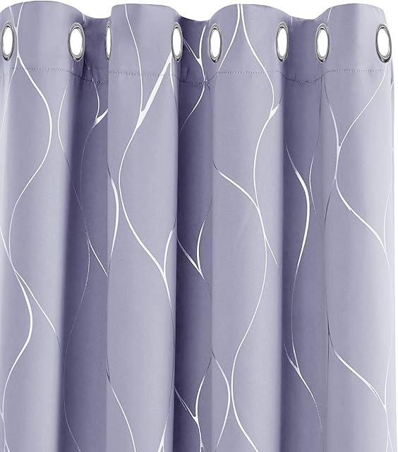 Deconovo Thermal Insulated Eyelet Blackout Curtains Silver Wave Line Foil Printed Curtains for Windows Light Purple W46 x L90 One Pair