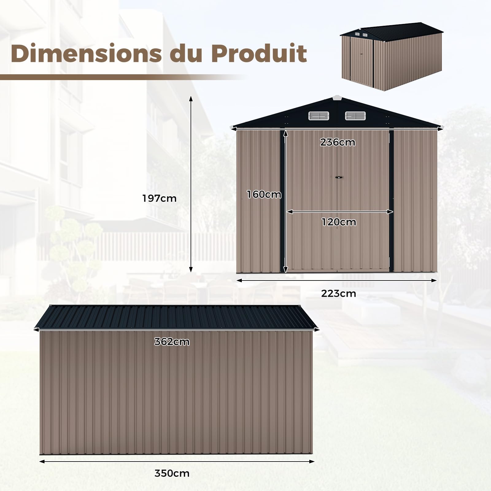 COSTWAY Abri de Jardin Métal 7.8 m², Toit Double Pente, Double Porte Verrouillable avec Clé, 4 Aérations, Cabane de Jardin Exterieur pour Vélo, Poubelle, Outil, Anthracite (7.8 m²)