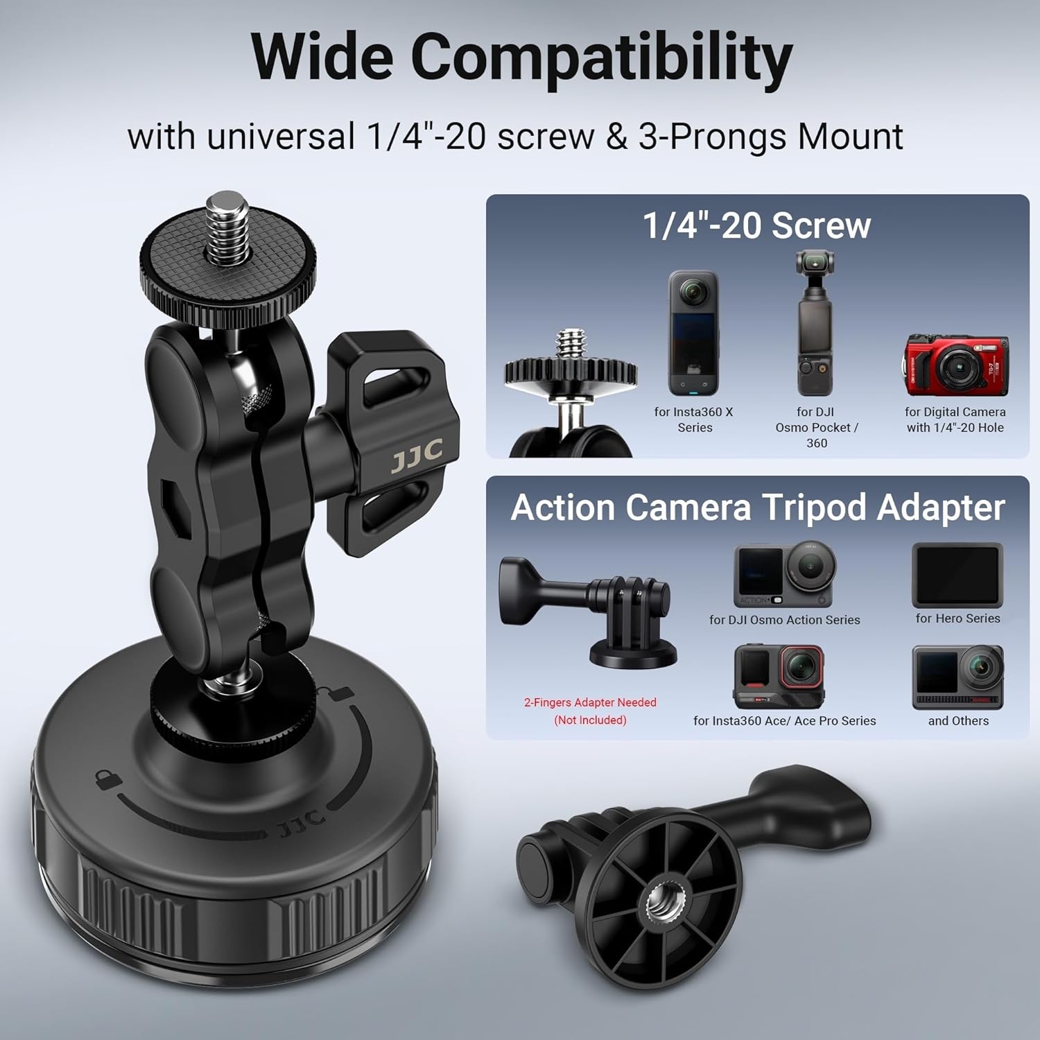JJC Rotate Vacuum Suction Cup Mount with 1/4"-20 Screw & Ball Head for DJI Osmo Nano Action 6 5 Pro 4 3, Strong Stable Suction Base Compatible with Gopro 13 12 11 10, for Insta360 X5 X4 X3 Car Mount