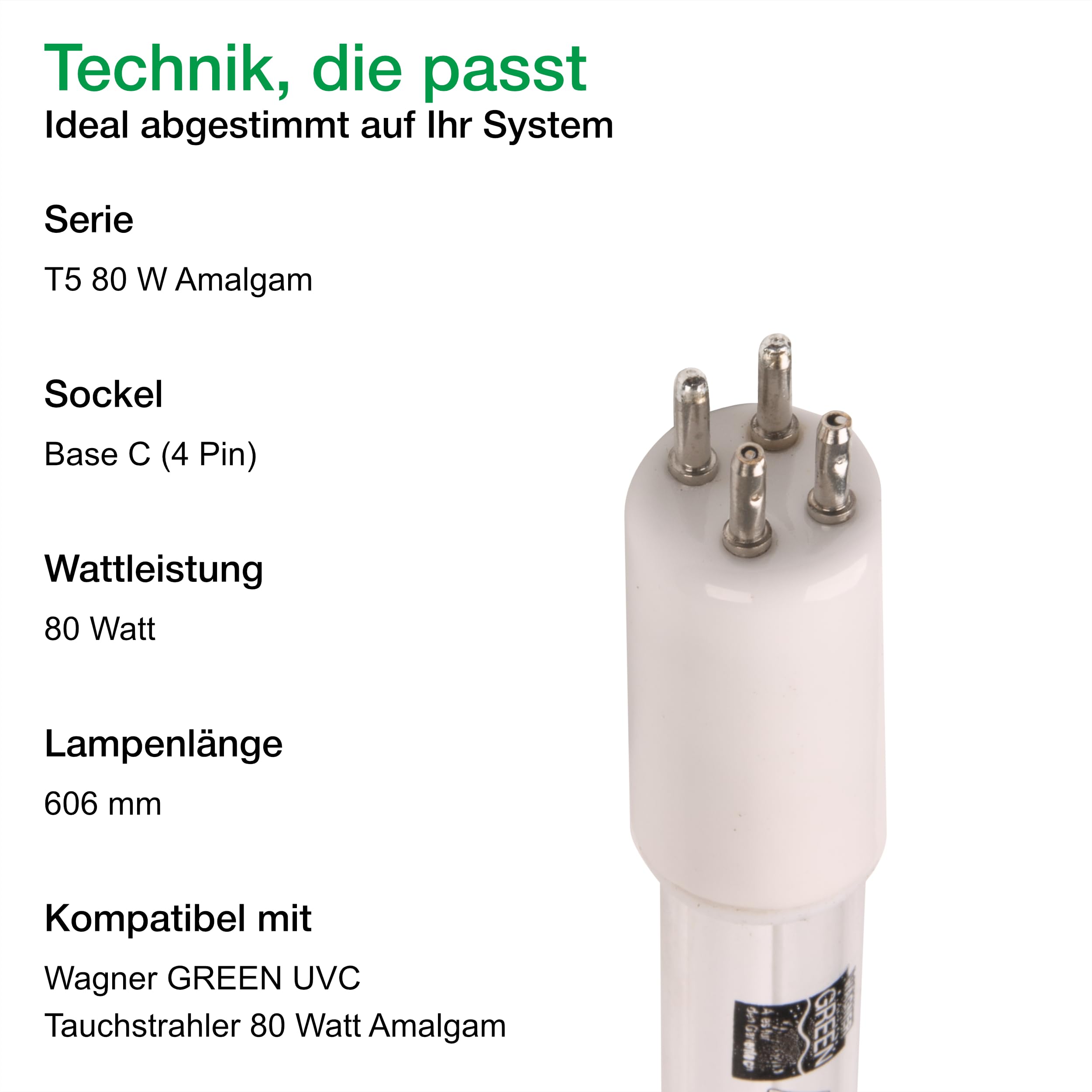 Ersatzlampe UVC 80 Watt Amalgam UV-C Lampe für Teich und Koiteich Filter | 4-Pin BASE C