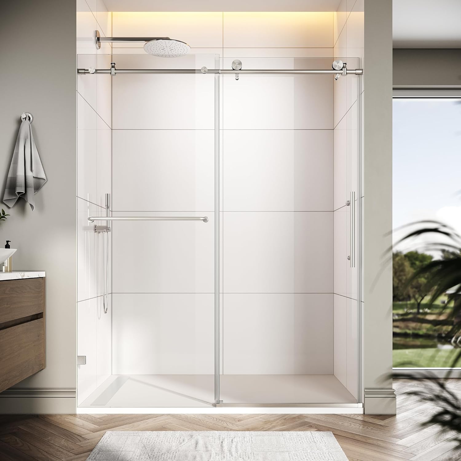 ELEGANT Frameless Sliding Shower Door 60" W x 72" H, Adjustable 56-60" Width, 5/16" (8mm) Tempered Glass, Stainless Steel Towel Bar, Brushed Nickel Finish