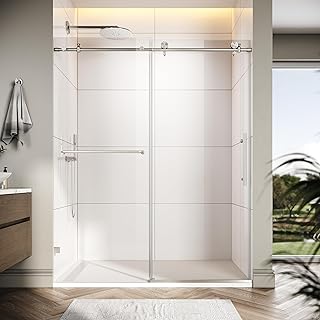 ELEGANT 60" W x 72" H Frameless Shower Door, Single Sliding Glass Shower Door, 5/16" (8mm) Tempered Glass, Stainless Steel Towel Bar, Brushed Nickel
