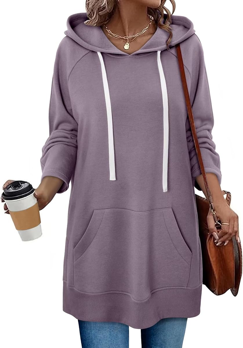 Women Oversized Sweatshirt Pullover Casual Split Hem Long Hoodie Dress with Kangaroo Pocket 2025 Fall
