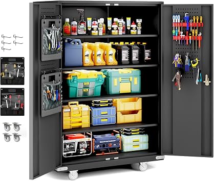 72"H x 43"W x 22"D Upgraded Wide & Deep Metal Garage Storage Cabinet Tool Rolling Garage Cabinets with Doors, Adjustable Shelves Wheels & Pegboards for Office, Warehouse, Garage, Gym, Workshop
