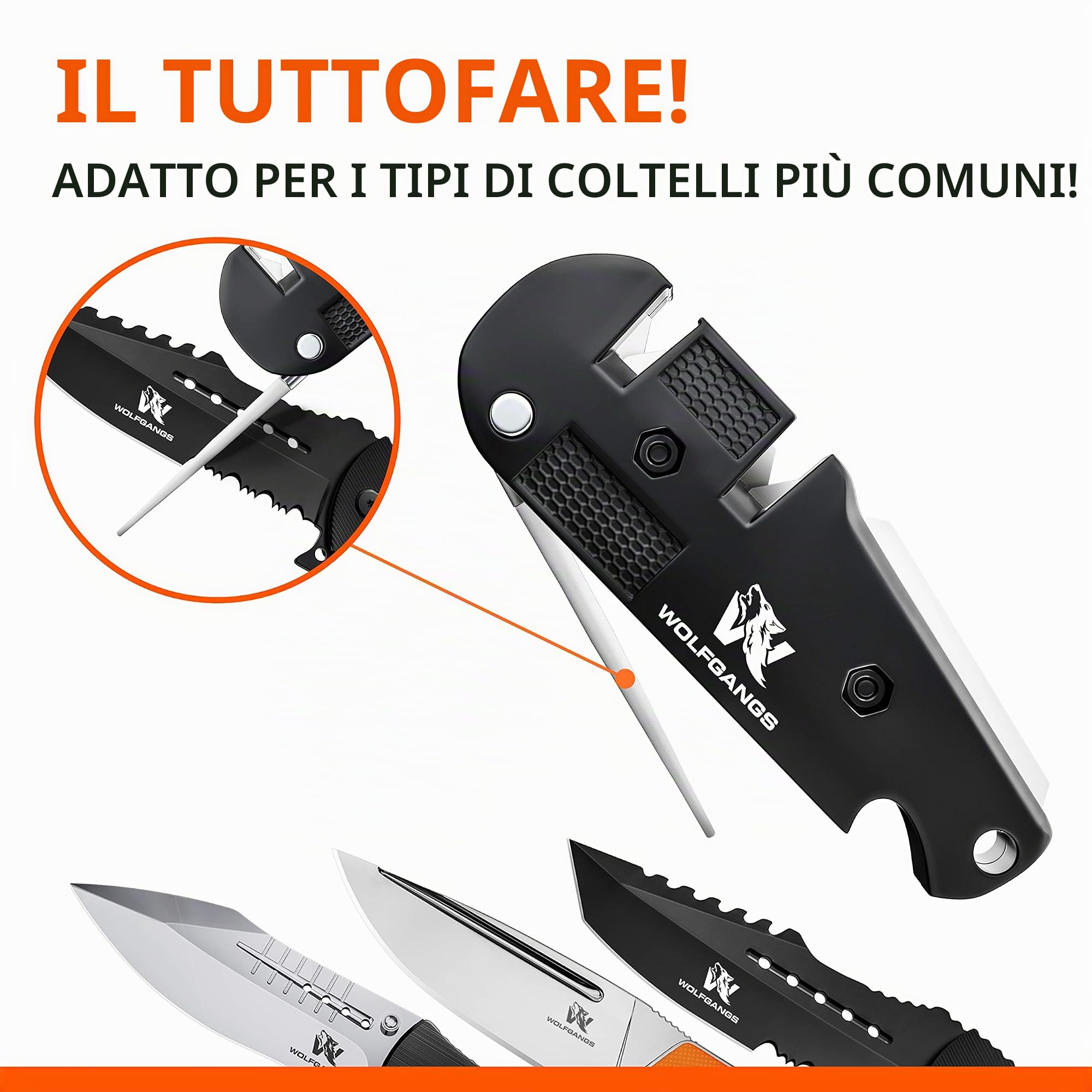 Wolfgangs KlingenDoktor 5 in 1 - Premium Pocket Klingenschärfer & Survival Tool - Geeignet für die gängigsten Klingenarten sowie Wellenschliff Schärfer - Perfektes Outdoor Zubehör