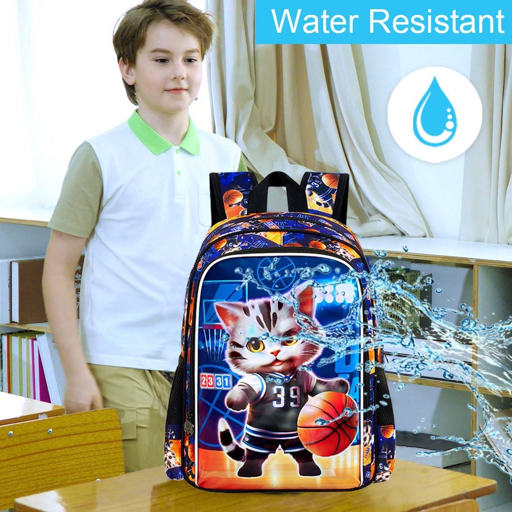 UFNDC 3PCS Basketball Cat Bookabg for Boys, Kids Backpack with Lunch Box, Water Resistant School Bag for Elementary Preschool Toddler - Image 6