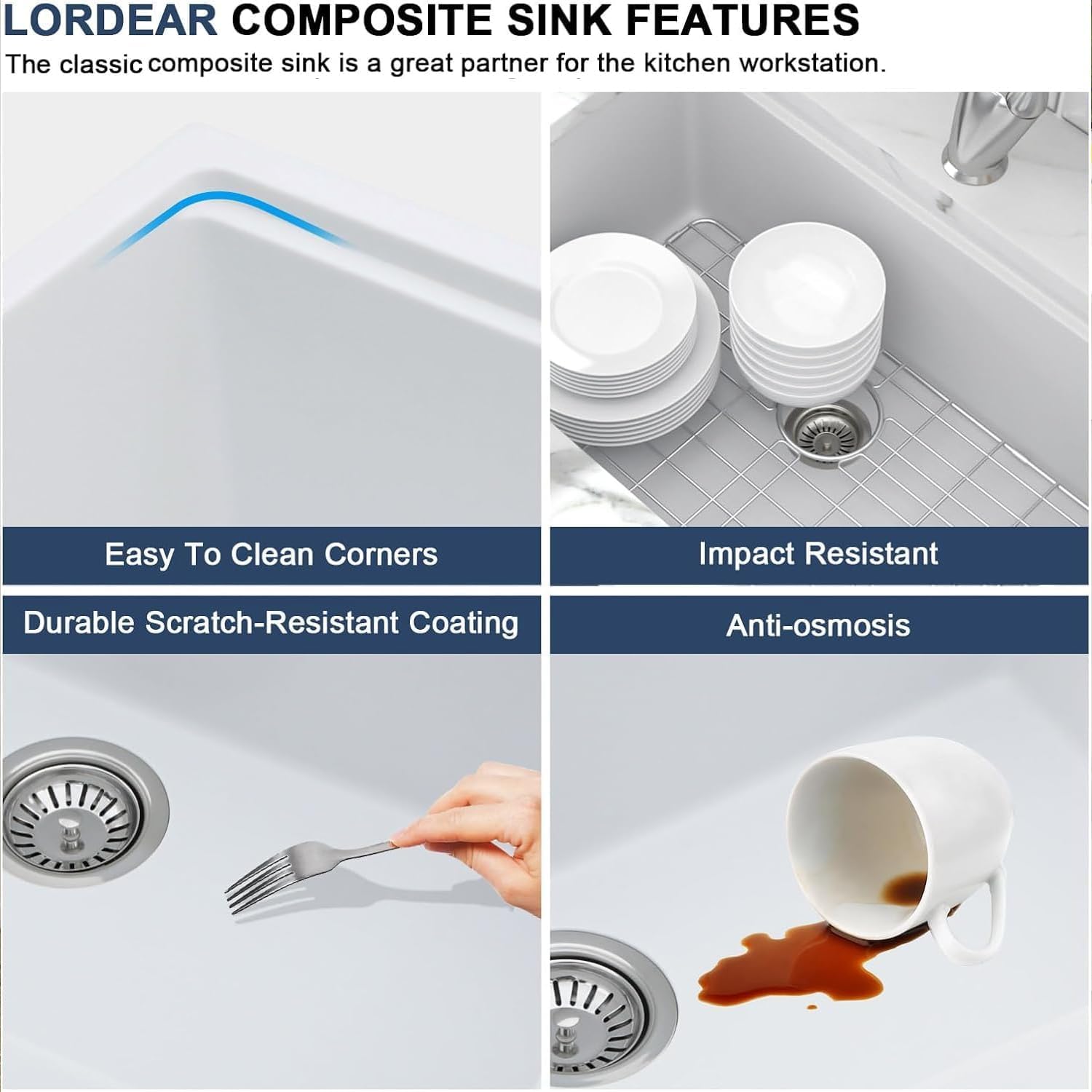 Lordear 33 Inch White Kitchen Sink Undermount Composite Granite Quartz Single Bowl Workstation 33x19x10 Inch Under Counter Kitchen Sinks
