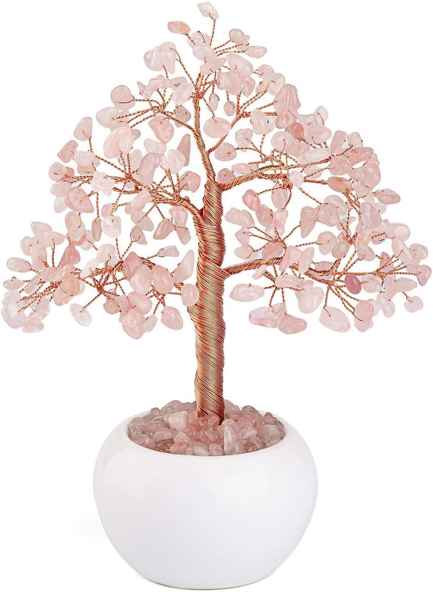 JSDDE Natural Rose Quartz Healing Crystal Tree Wire Quartz Gemstone Money Tree Feng Shui Figurine for Good Luck Home Decoration