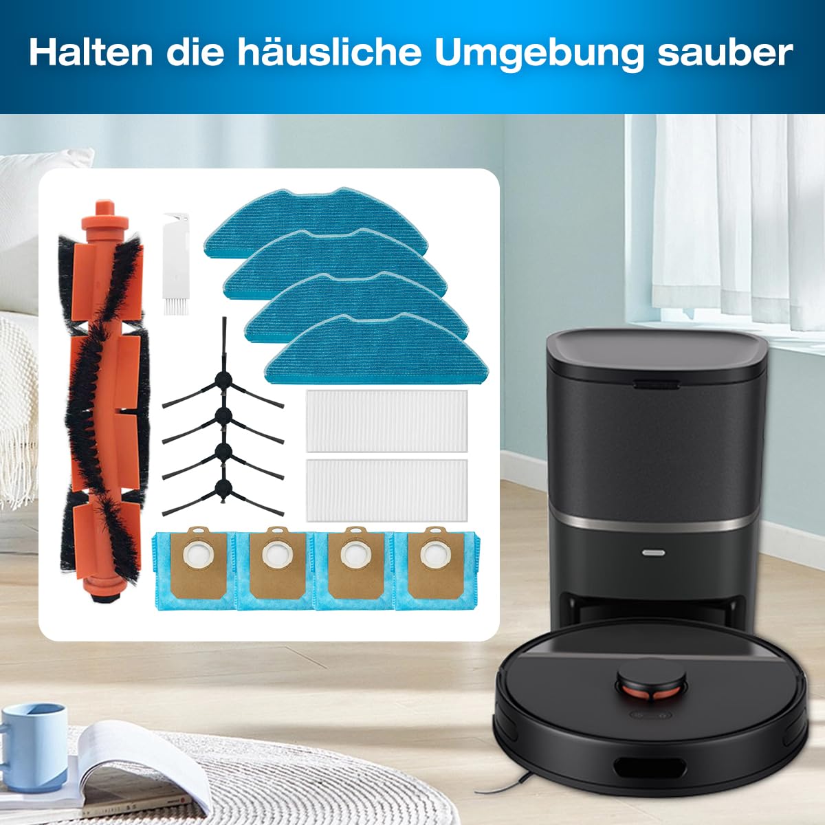 HomeTimes części zamienne do odkurzacza Philips Homerun Series 2000, 3000, XU3100/01, XU3110/02, XU3000/01, XU3000/02, akcesoria do robota odkurzającego, z 1 gumową szczotką, 2 filtrami HEPA, 4