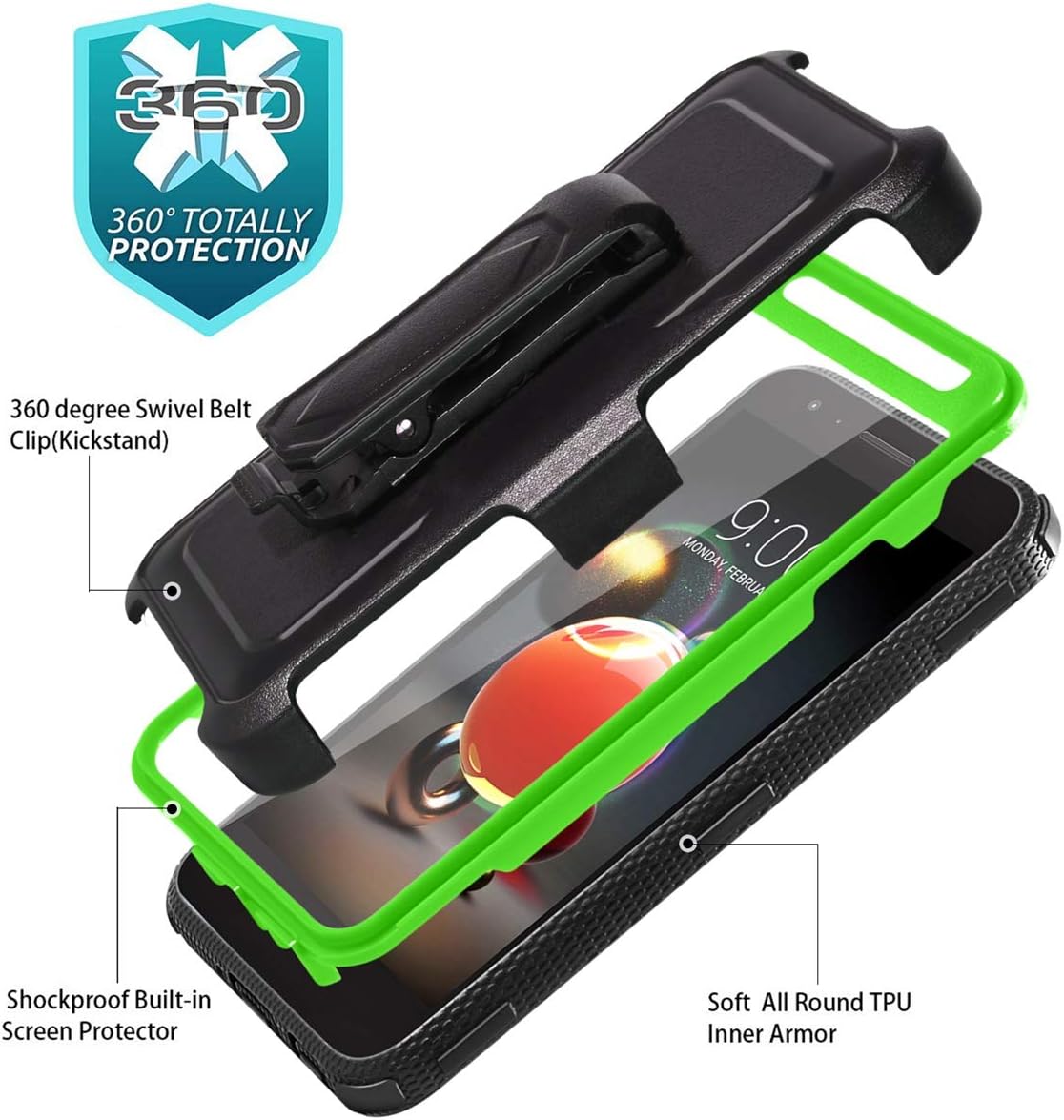 LG Aristo 2 Case,Aristo 3/2 Plus/3 Plus/LV3 2018/Tribute Empire/Tribute Dynasty/Zone 4/Fortune 2/K8/K8+/K8S/Risio 3/Rebel 4/Phoenix 4,[Buit-in Screen Protector] Heavy Duty w Swivel Belt Clip-Green
