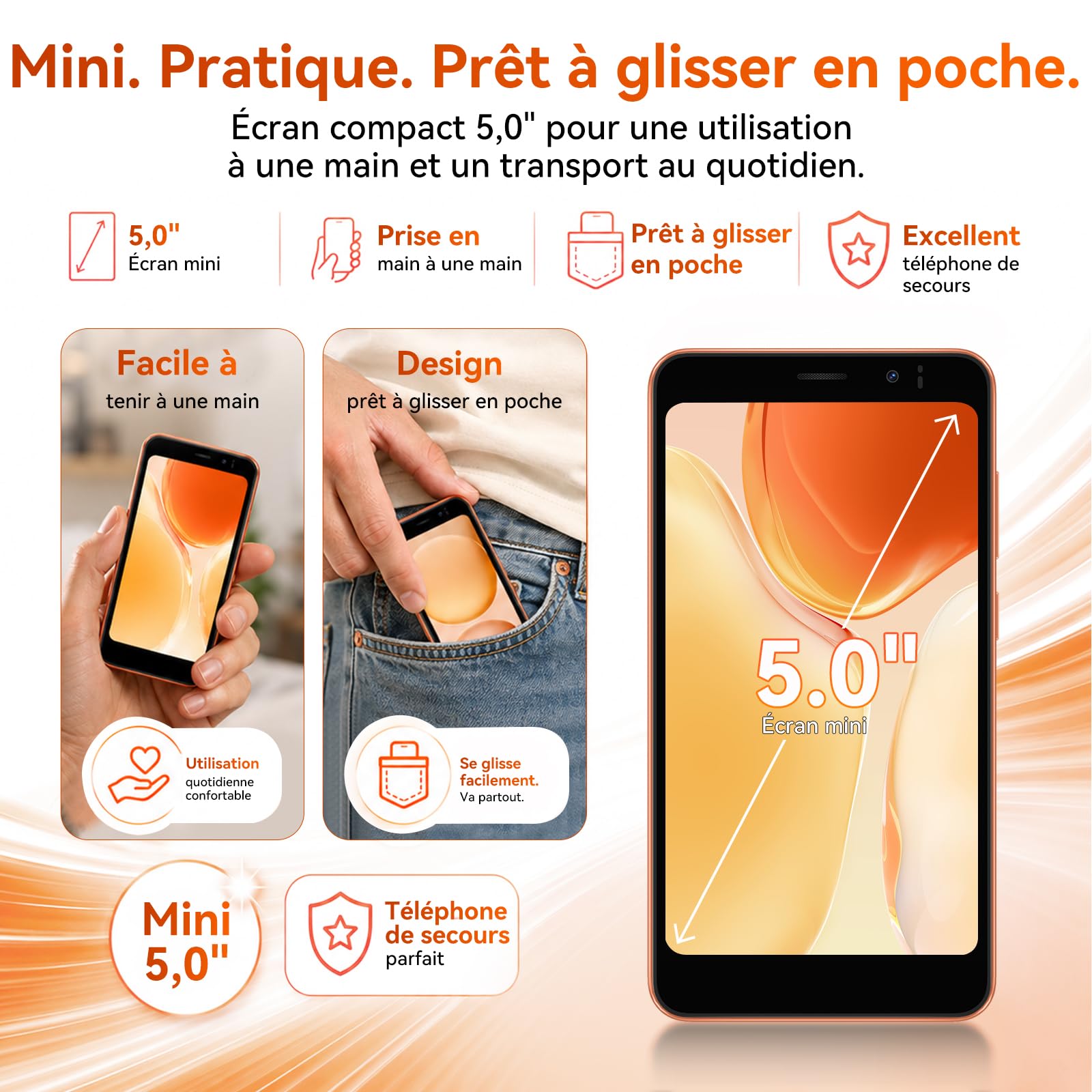 Blackview Wave 2C 5'' Telefono Portatile Mini Smartphone Android 16GB 9+32GB (ext 1TB) Dual SIM, Face ID/GPS, Compatibile Arancione, SFR, Bouygues, Free Mobile - Arancione