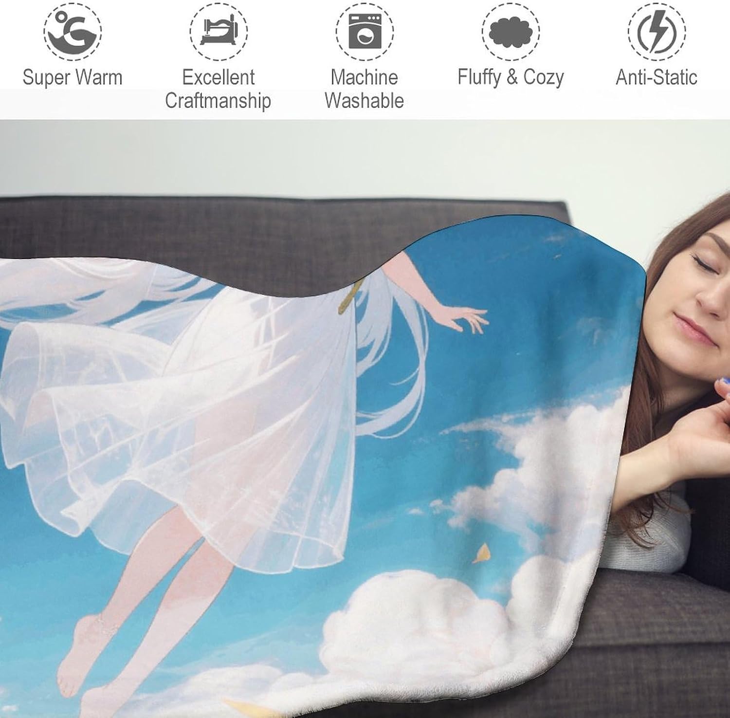 White Haired Angel Throw Blanket Round Beach Towel | 59.1 Inch Circular Flannel blanket Large Soft Beach Blanket Lightweight Foldable Beach Towel Throw for Daily Leisure Use