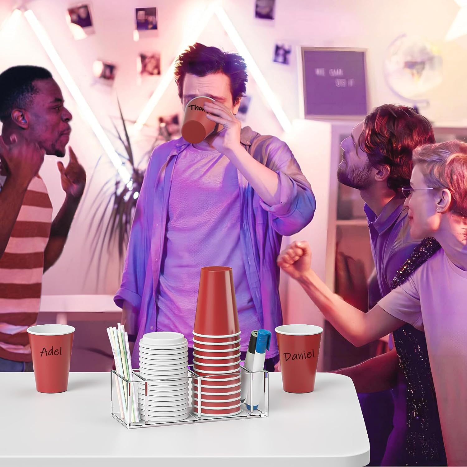KOTEMON Cup Holder with Marker Slot - Mark Your Cup and Drink Up Countertop Double Cup Holder Organizer Compatible with Solo Cup, Party Decoration Bathroom Kitchen Bar Picnic Gathering, Clear Acrylic