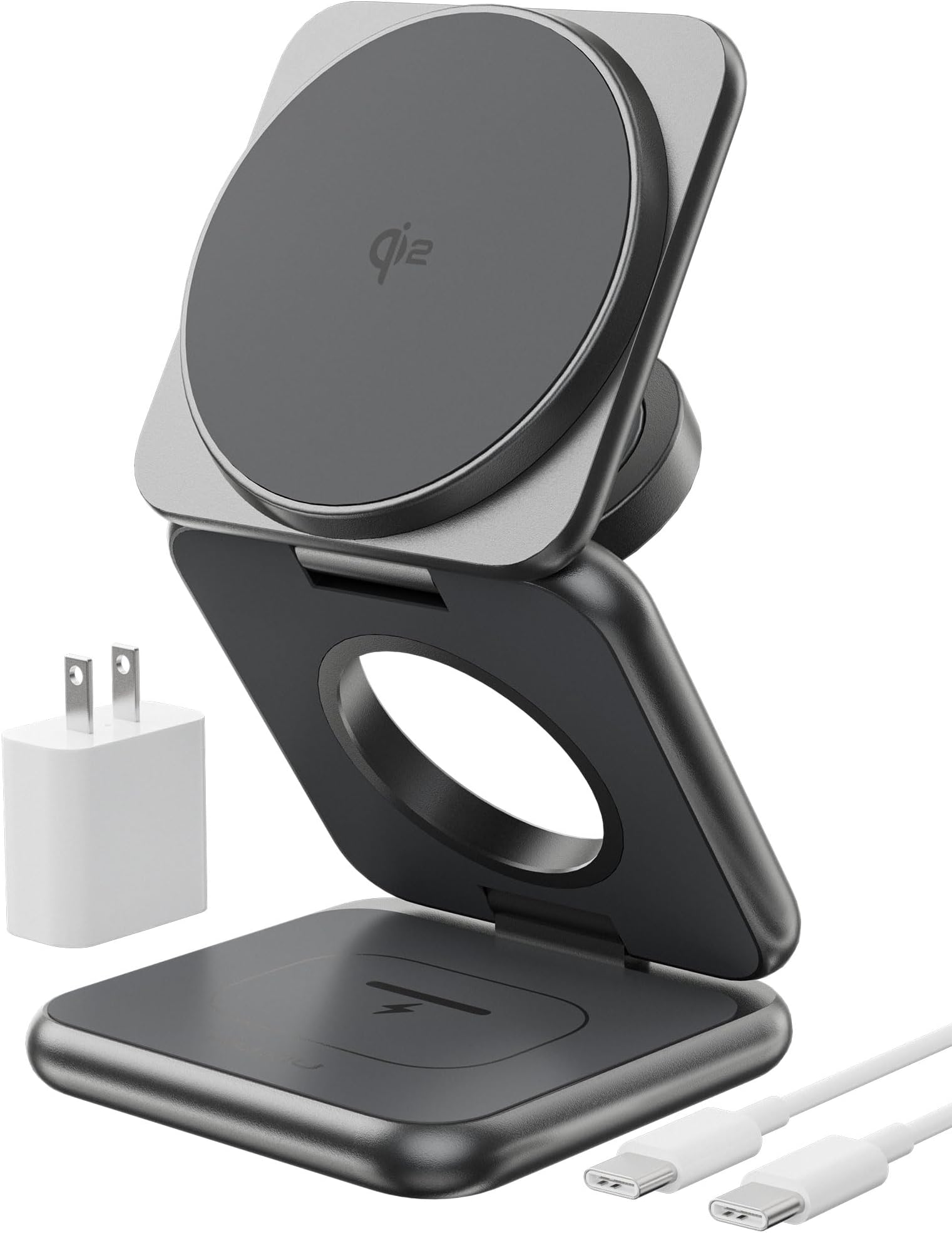 Foldable 3 in 1 Charging Station, Qi2-Certified 15W Magnetic Wireless Charger Stand, KU XIU X40Q Aluminum Alloy Travel Charger for iPhone 17/16/15/14, 5W for Apple Watch, AirPods, 45W PD Adapter, Gray