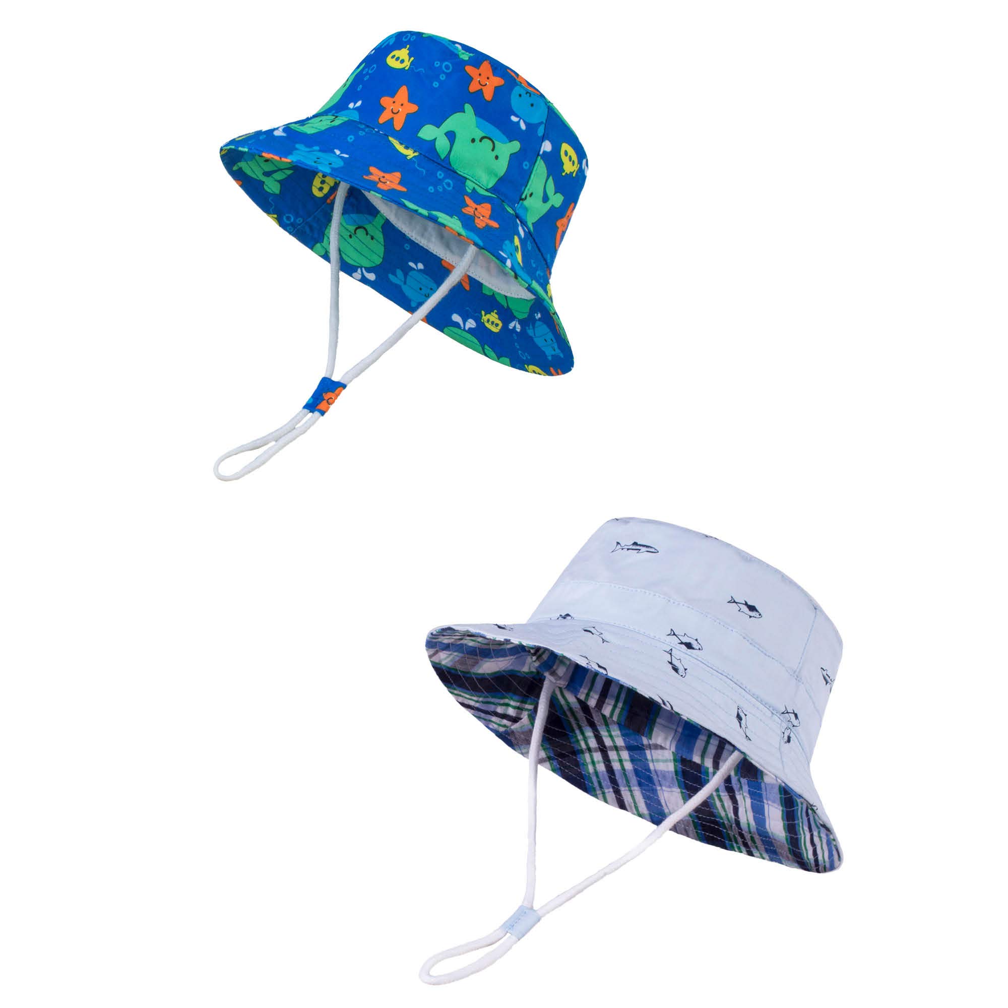 Langzhen Boys Whale+Blue Fish Sun Protection Hat For Kids Toddler Girls Wide Brim Summer Play Hat Cotton Baby Bucket Hat With Chin Strap - Multicolored - 6-12 Months
