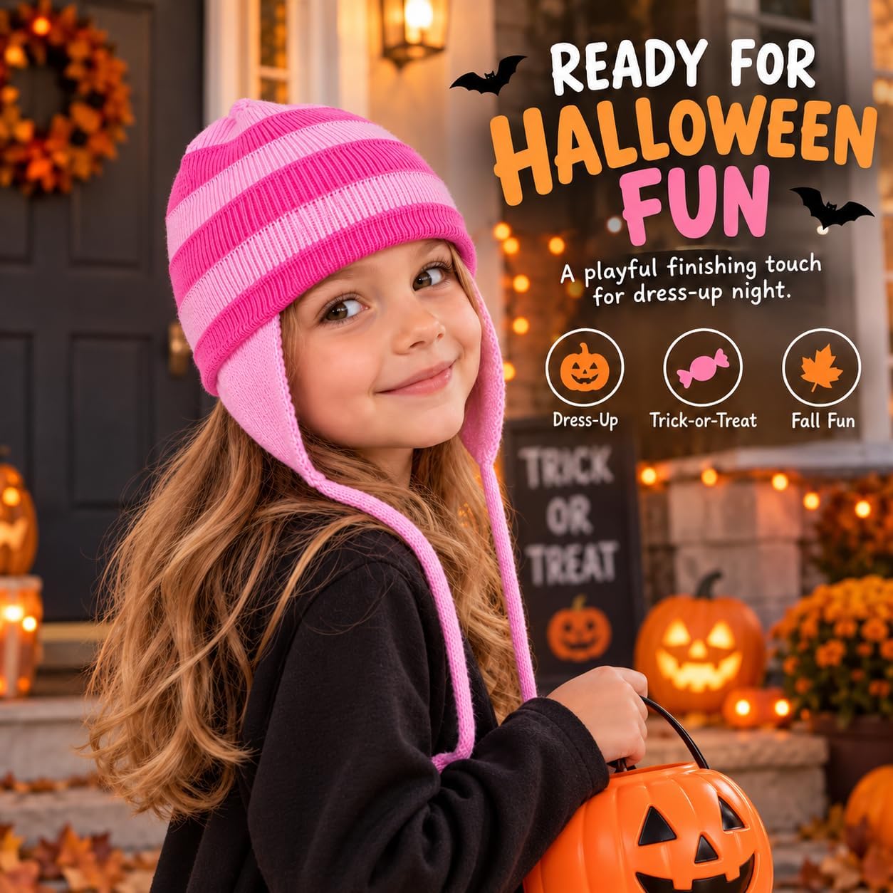Kids Pink Striped Winter Beanie Hat with Ear Flaps, Warm Knit Skull Cap with Tie Straps, Cute Cold Weather Hat for Girls Ages 3-8