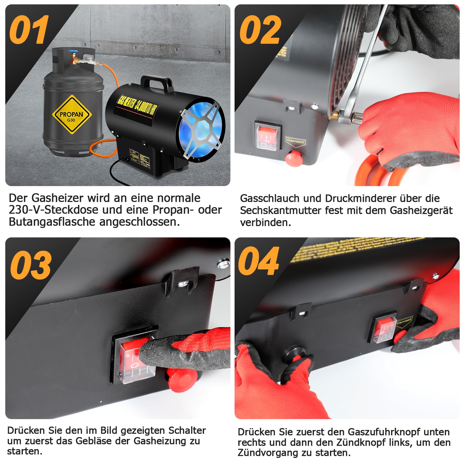 Gasheizgebläse Heizkanone Gasheizer mit 1,2m Gasschlauch und 700 mbar Druckminderventil Edelstahl Gasheizgebläse, 220V Piezozündung und Tragegriff (30KW)