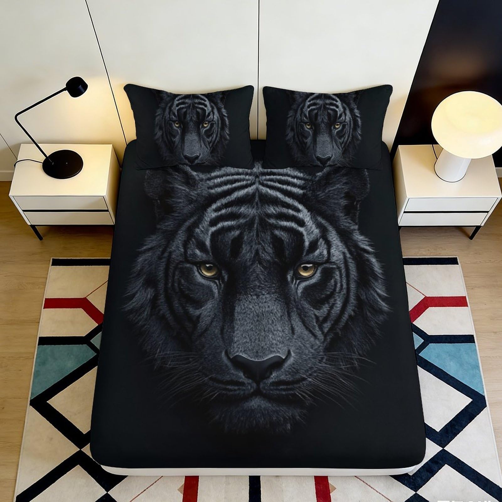 3D Printed Black Panther Fitted Sheet Microfiber Soft Durable 3D Printed Tiger Mattress Cover for Bedroom Dormitory Guest Room Mattress Protection 140x200x25cm