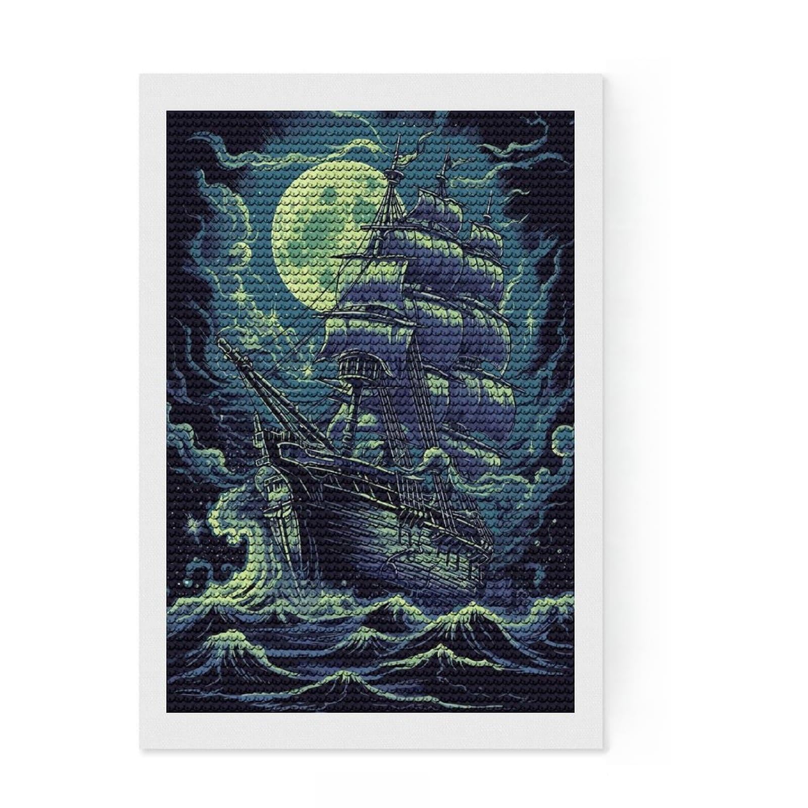 Junmoney Deep Blue Pirate Ship Diamond Painting Set 8"x12", Stress Relief Craft, Simple to Start, Farmhouse Decor, Gift Idea, Easy to Enjoy