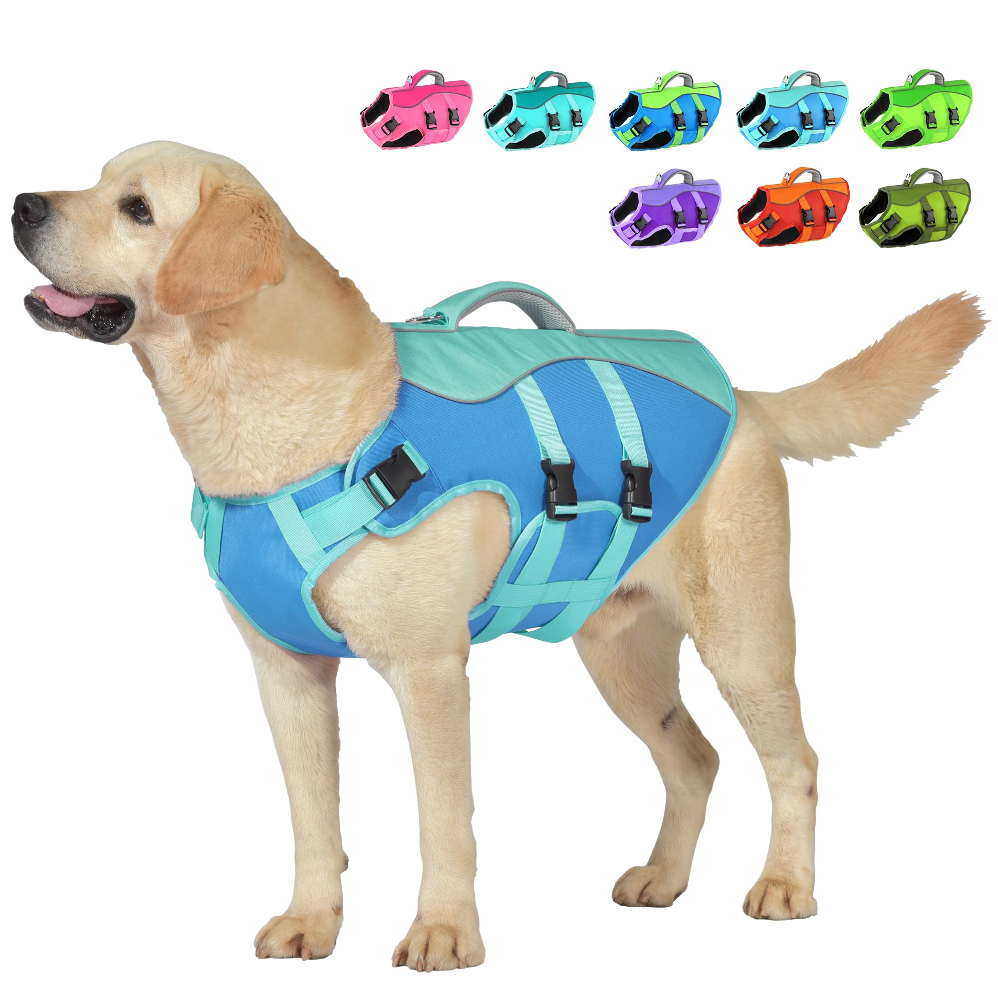 Petglad Dog Life Jacket, Reflective Dog Harness Life Vest with Rescue Handle for Swimming Boating, Adjustable High Buoyancy Flotation Swim Vest for