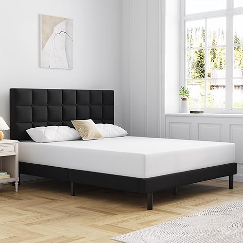 Miniatura 3 de Molblly Base de cama tamaño matrimonial con cabecera y listones de madera fuertes, antideslizante y sin ruido, no necesita somier, fácil montaje,