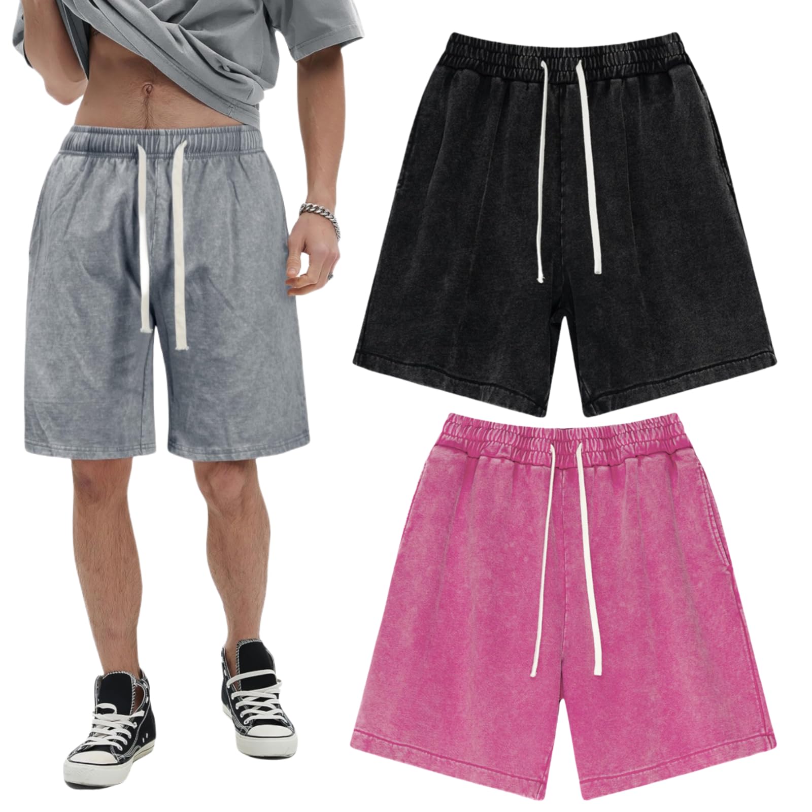 Sportowe szorty w stylu vintage z bawełny dla mężczyzn, ze ściągaczem, na lato, plażę, elastyczna talia, streetwear, baggy spodenki gimnastyczne z kieszeniami