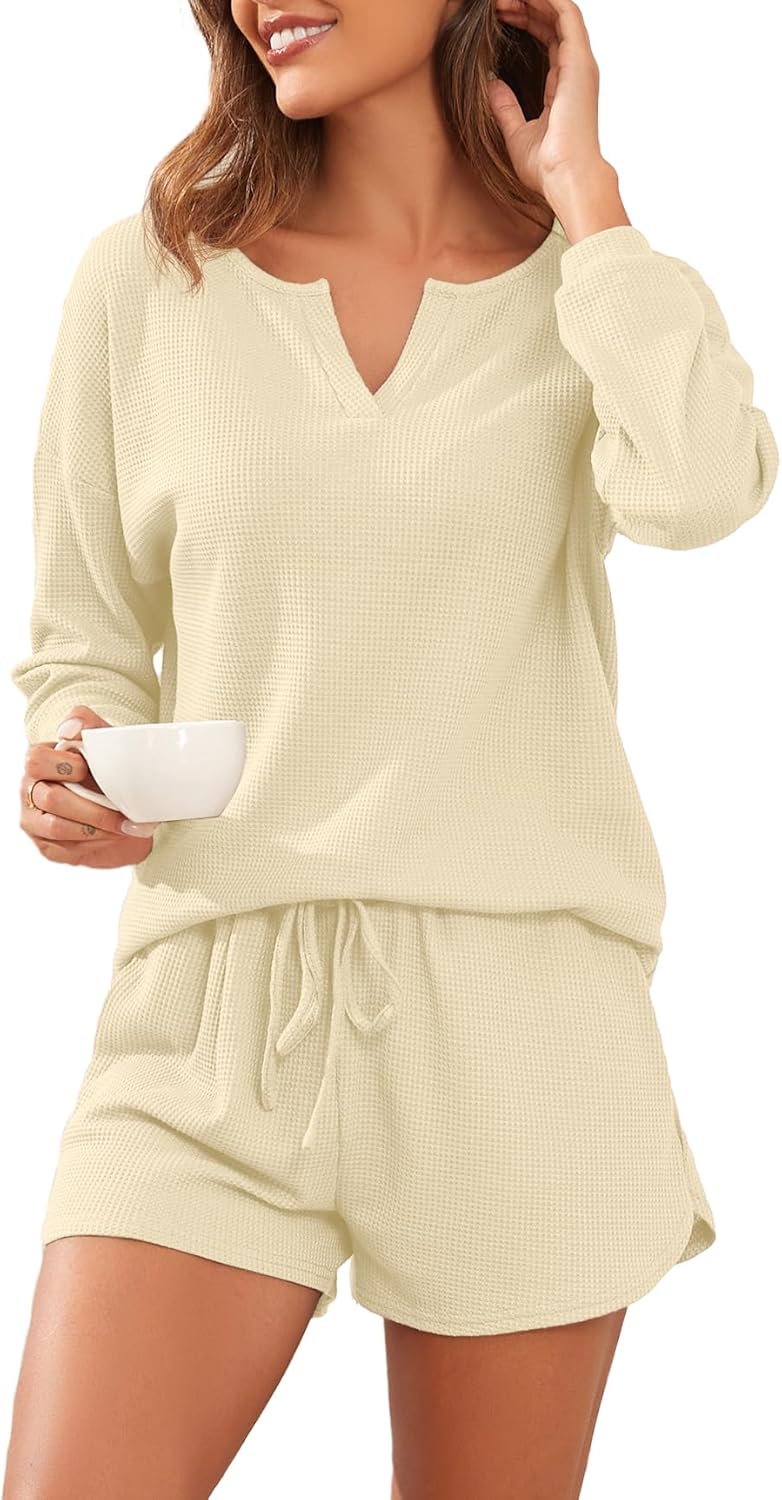 PrinStory Pajamas Set for Women Waffle Knit Lounge Set 2 Piece Outfits Matching Sets Loungewear Sweatsuit with Pockets