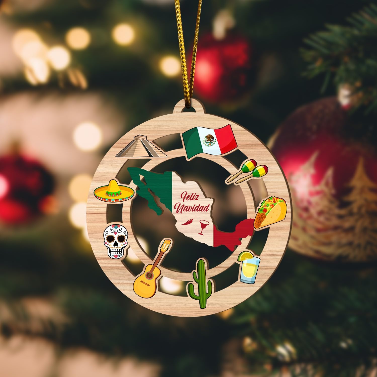 Christmas Decor Mexico Pinata 2D FLAT (NOT 3D) Wooden Ornaments for Christmas Tree Decorations 3.54 inches, Rear Mirror Hanging Car Accessories, Unique Gifts for Mexican Him Men Her Women - Image 8