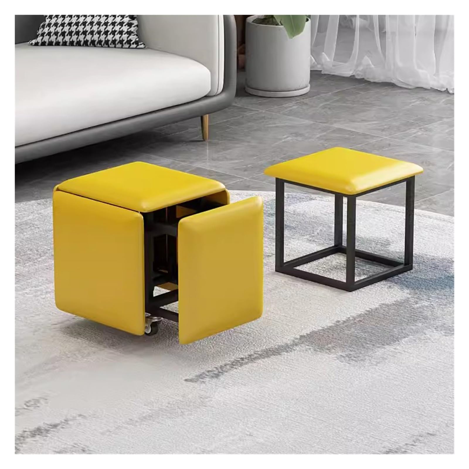 WDSOPK Moveable Stool Cubes 5 in 1 Seating Cube with Swivel Casters,Stackable Sofa Chair Stools Nesting Ottoman Stool,Leather Cube Chair Vanity Stool with Metal Legs（Yellow）