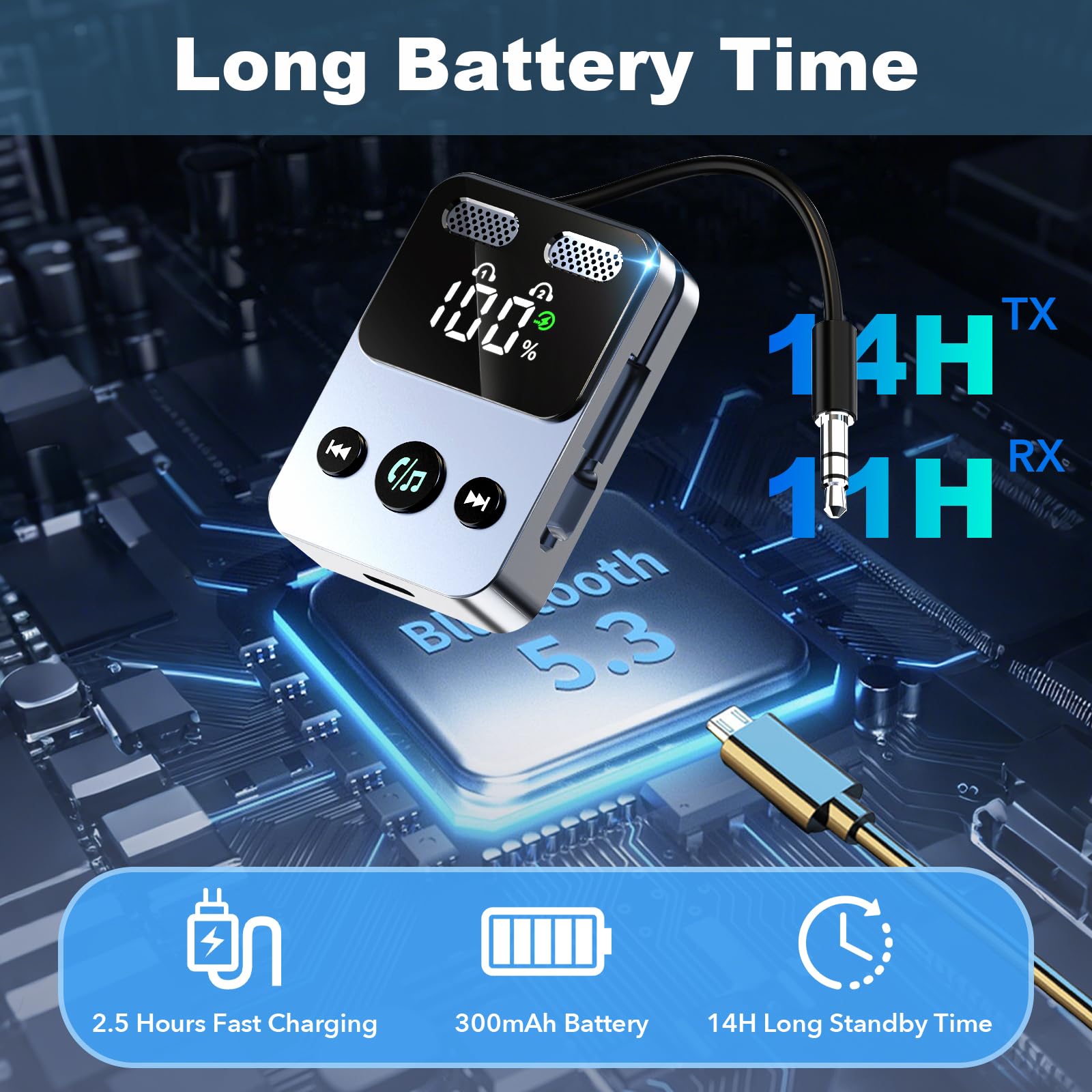 Bluetooth 5.3 Empfänger-Adapter, Farbdisplay, Dual-Bluetooth für Autoradio, Heim-Stereoanlage, Bluetooth-Radio, kabelloser AUX-Konverter, Sprachassistent, Freisprechanrufe