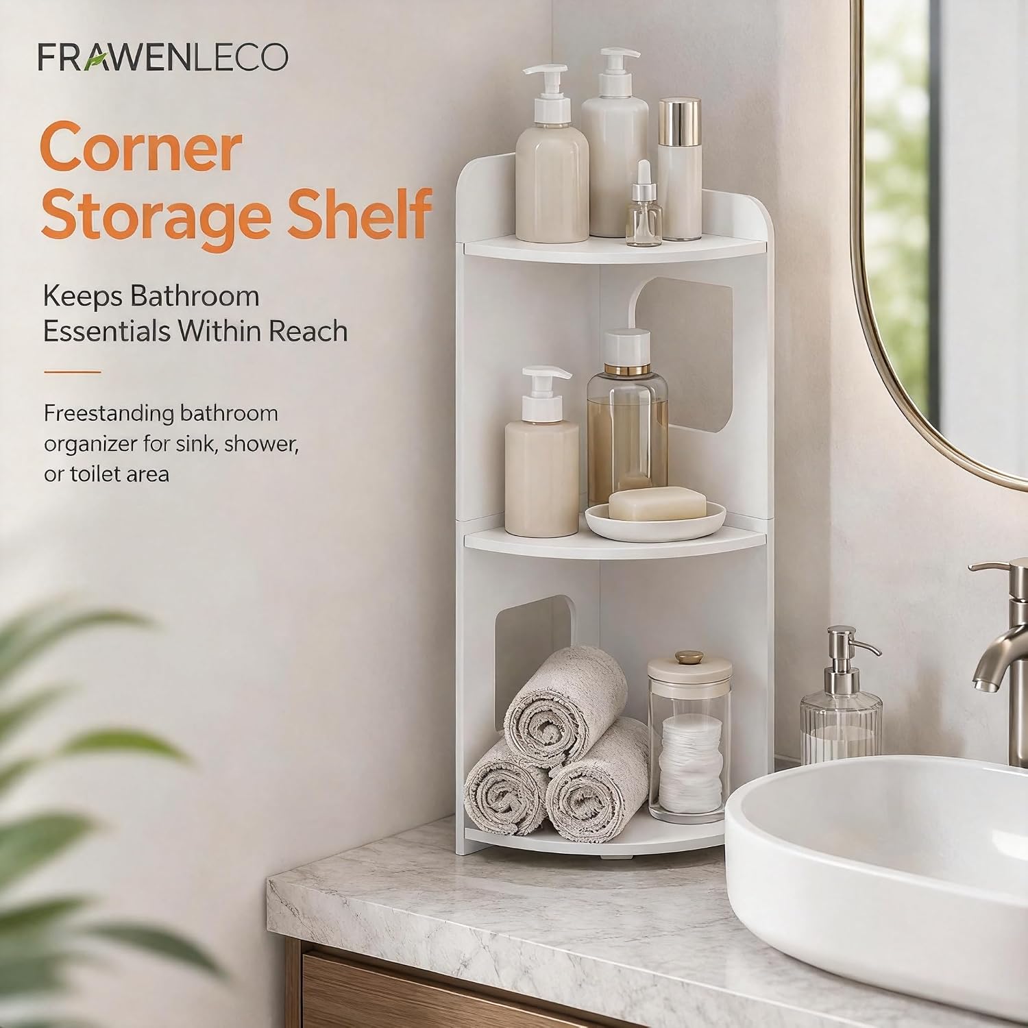 3-Tier Bathroom Corner Shelf, PVC Freestanding Corner Storage Shelf for Bathroom, Toilet, Shower, Kitchen and Small Spaces, Triangle Floor Organizer Rack, White