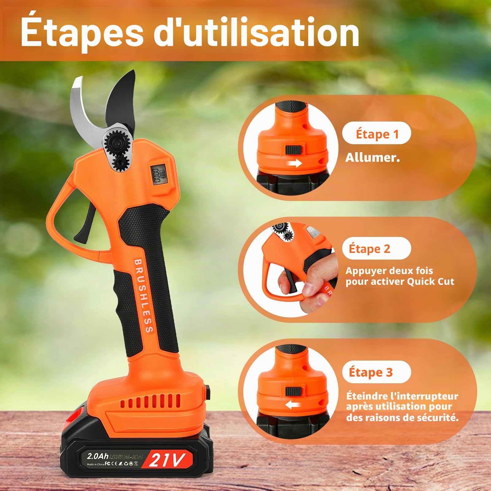 Sécateur électrique sans fil avec affichage LCD, Sécateur de jardin électrique portable avec 2 batteries de 2000mAh et lames SK5 max 40 mm, Sécateurs électriques professionnels pour l'élagage des