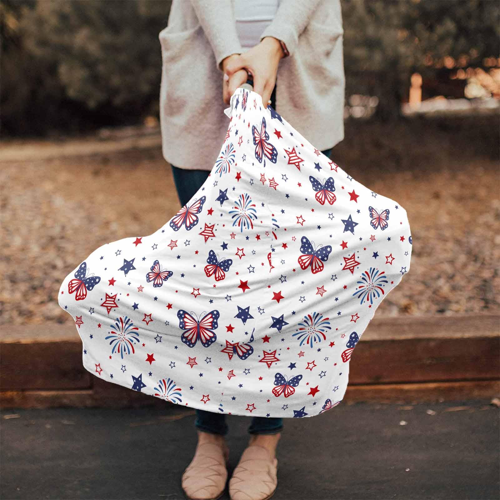 Nursing Cover for Breastfeeding Scarf, American Flag Butterfly Red Blue Stars Fireworks Baby Car Covers Super Soft Multi Use for Canopy Shopping Cart Cover Blanket Stroller Cover