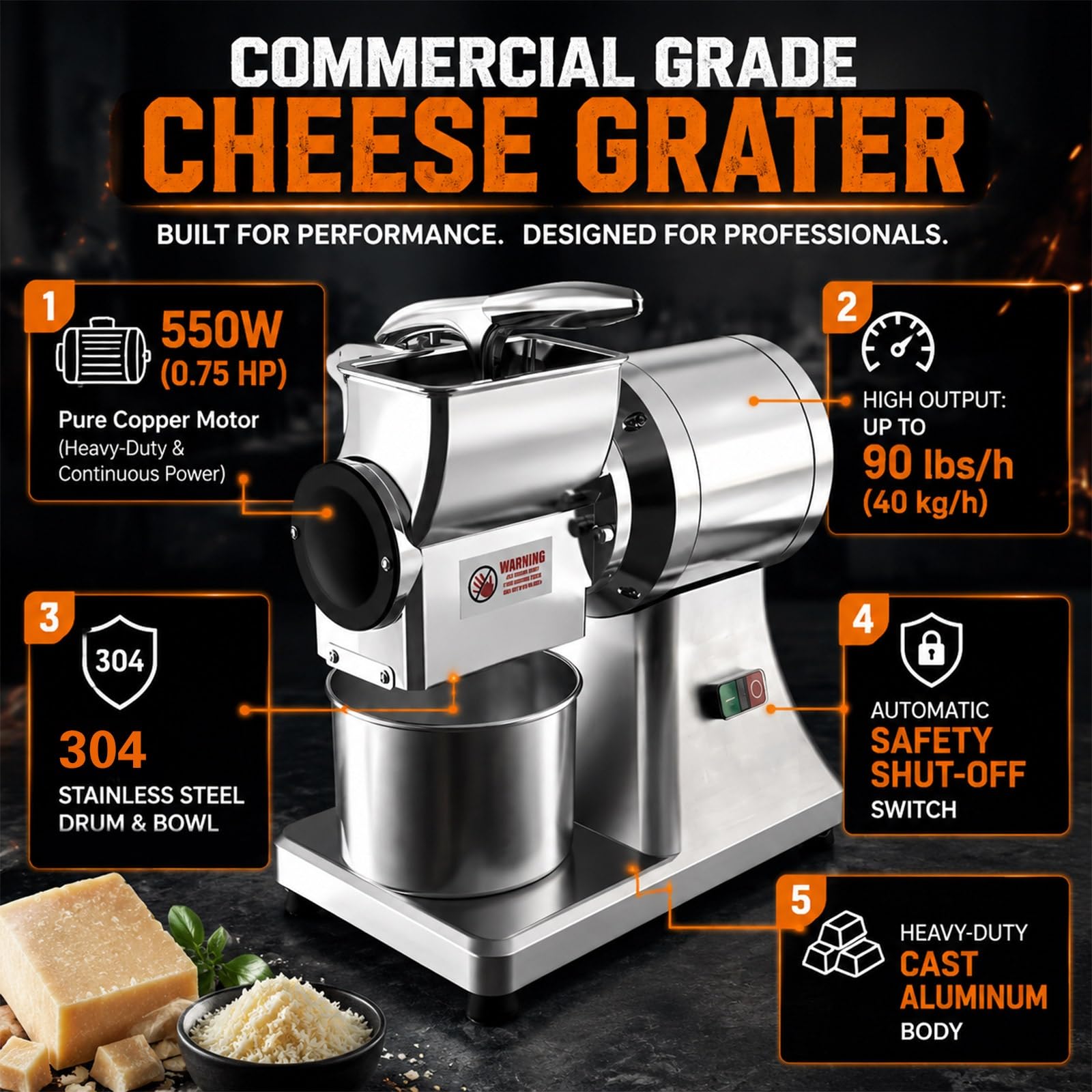 Macina Formaggio Elettrico 40kg/h, Grattugia Inox Pro 550W | Tritatutto Elettrico da Banco 0.75CV con Recipiente in Acciaio Inox & Protezione Integrata per Formaggi & Noci