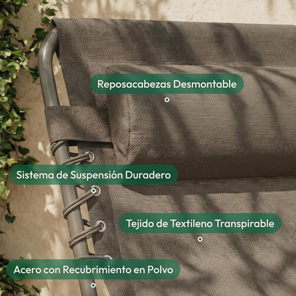 CASABEL Tumbona Plegable, Tumbona Jardín Resistente y Cómoda, Estructura de Acero y Tela Textilene, Silla para Camping, Terraza, Piscina o Playa, Color Topo
