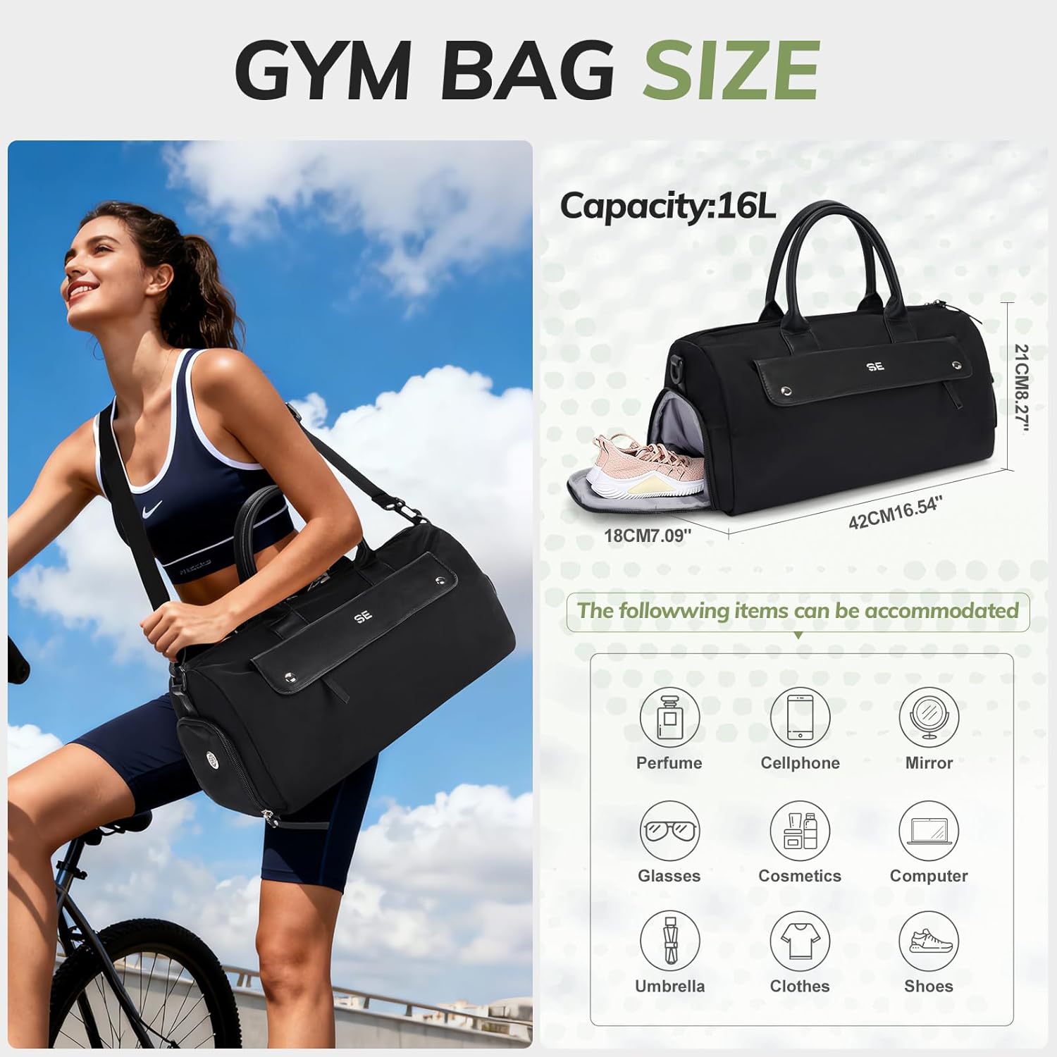 Medium Gym Bag for Men&Women with Shoes Compartment and Wet Pocket Convertible Duffle Bag and Gym Backpack Waterproof Sports Bags (Black)