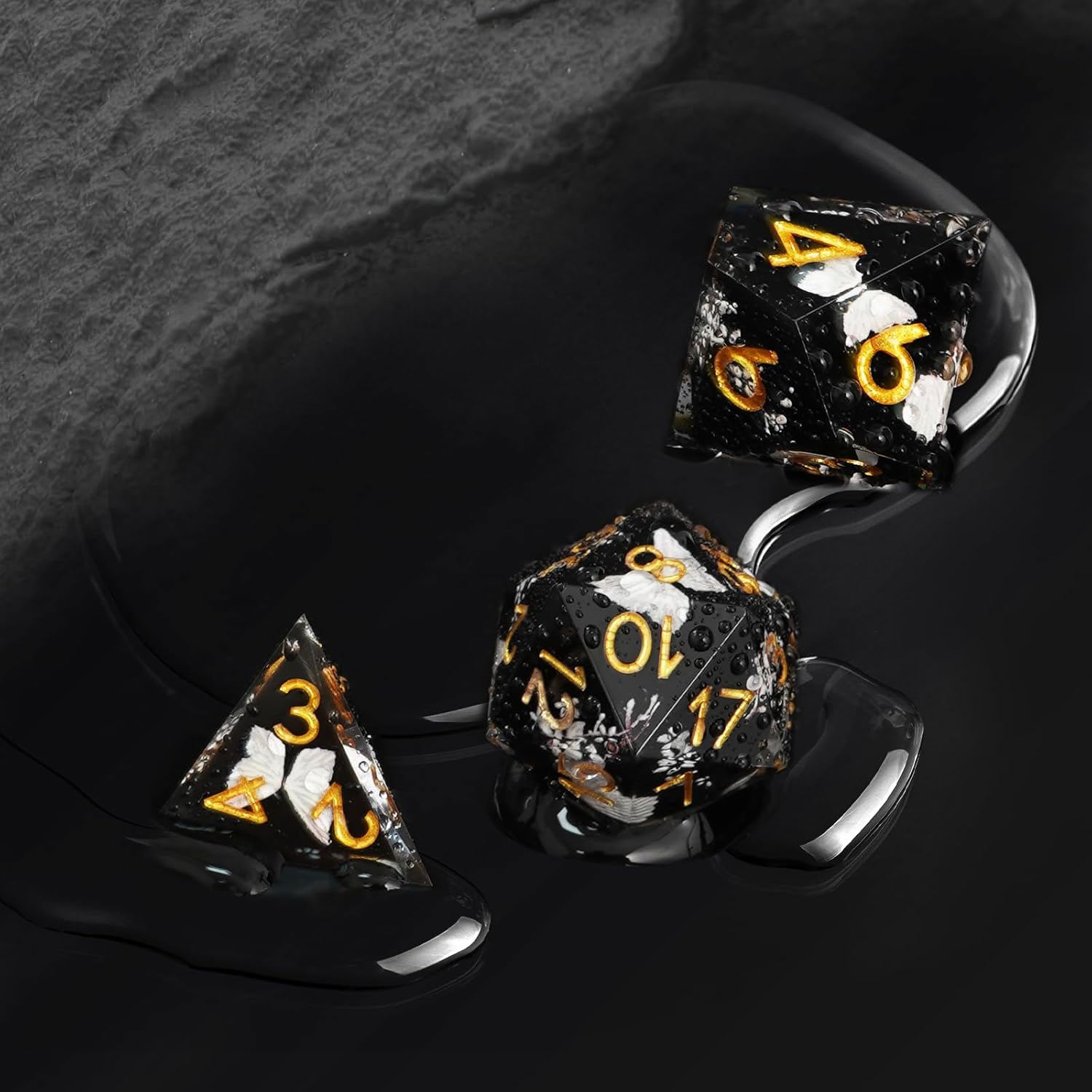 DND Polyhedral Dice Set for Role Playing Gaming with Box, Sticker Sharp Edged Polyhedral Resin DND Dice Set with Beauty Butterfly ＆ Flower Image, D% D20 D12 D10 D8 D6 D4 Dice RPG MTG Gift(Black)
