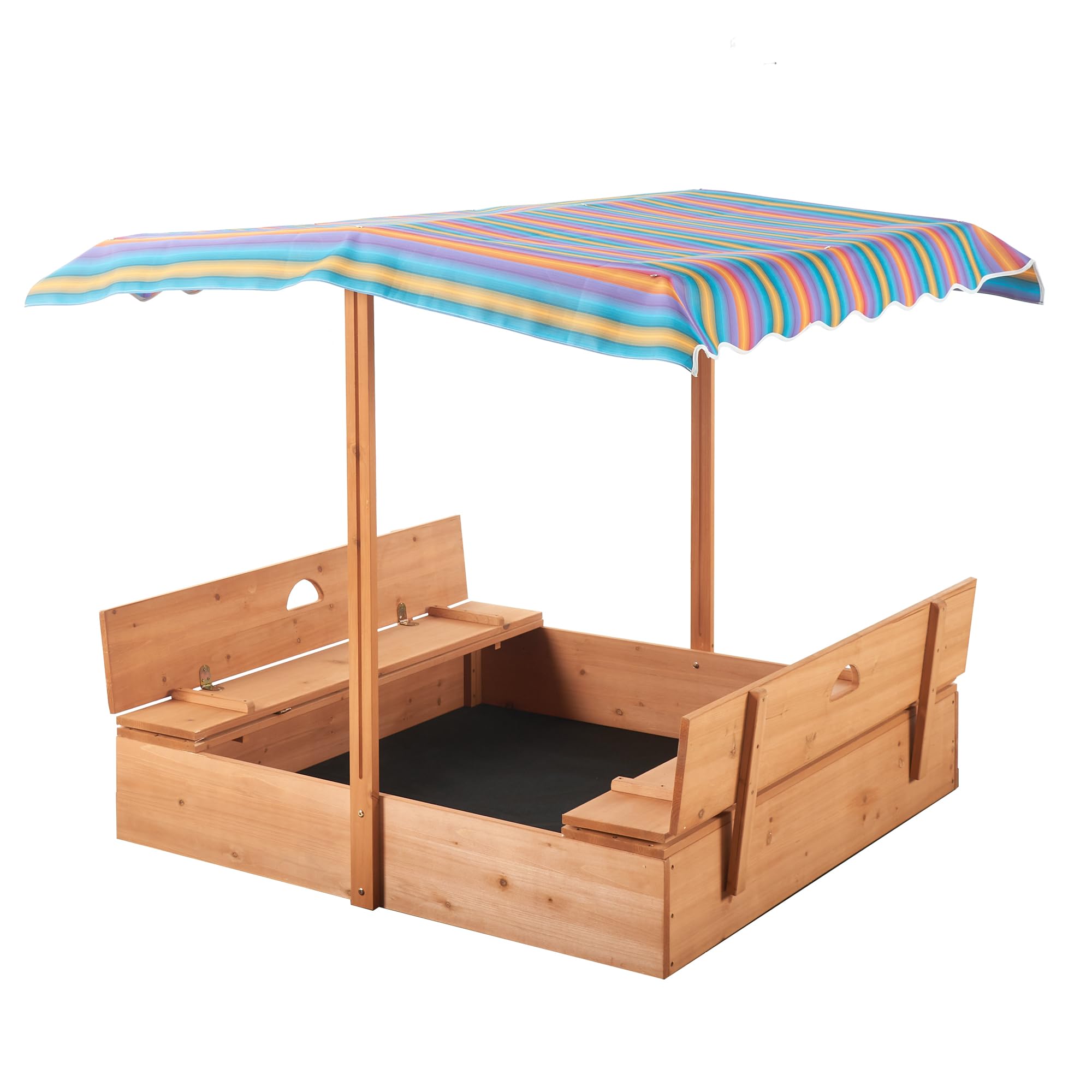 Wood Sandbox with Canopy for Aged 3-8 Years Old, Sand Box with Cover Retractable Roof for Backyard Garden, Sand Pit with Bench Seats for Patio Outdoor, Rainbow