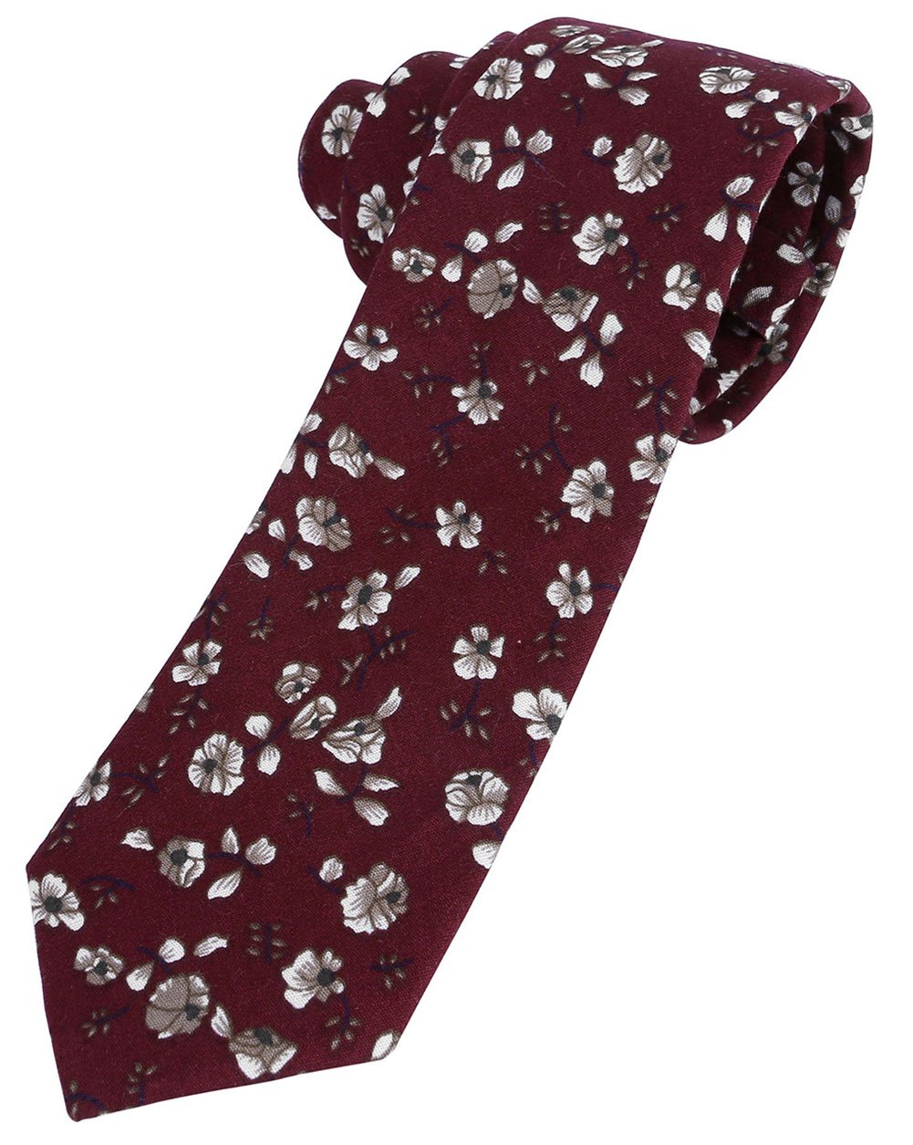 Ayliss Men's Skinny Ties 100% Cotton Printed Floral Necktie,Burgundy