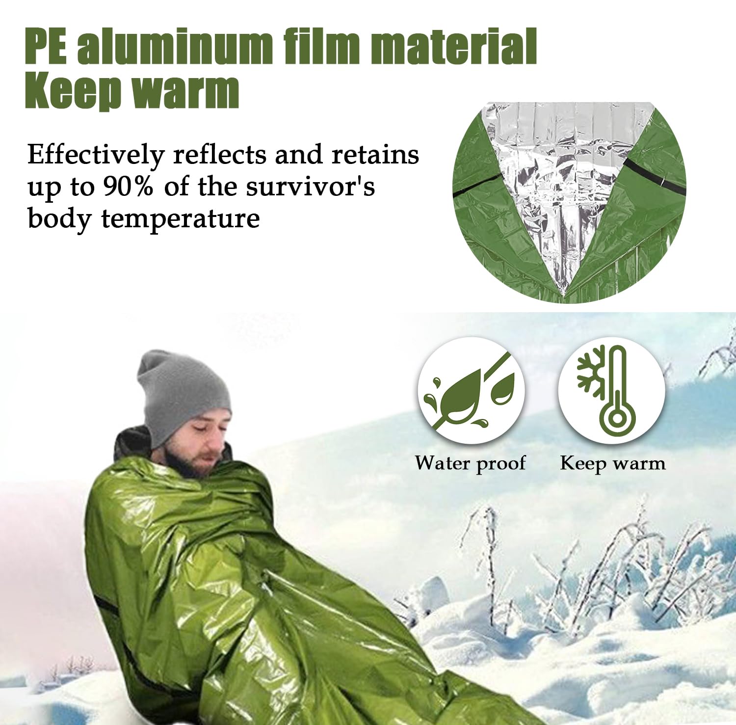 Socpuro Emergency Survival Sleeping Bag 2 Pack Ultralight Waterproof Thermal Bivy Sack Portable Survival Shelter Blanket Bags with Whistle and Carabiner for Camping Hiking Adventure (Green)