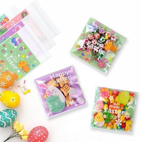 Miniatura 6 de HiloPack Bolsas de celofán de Pascua de 4 x 4 pulgadas, 50 bolsas autosellantes para galletas de caramelos, bolsas de plástico autoadhesivas con