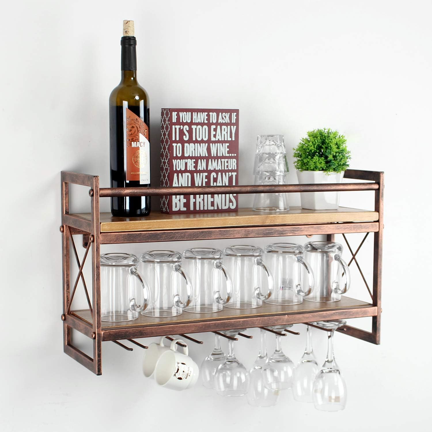 Up To 50% OFF Weven Metal Wood Wine Rack Wall Mount,Industrial 2-Tier Stemware Glass Rack,Dining Wine Racks with 5 Stem Glass Holder for Wine Glasses,Mugs,Stemware Racks,Red Copper