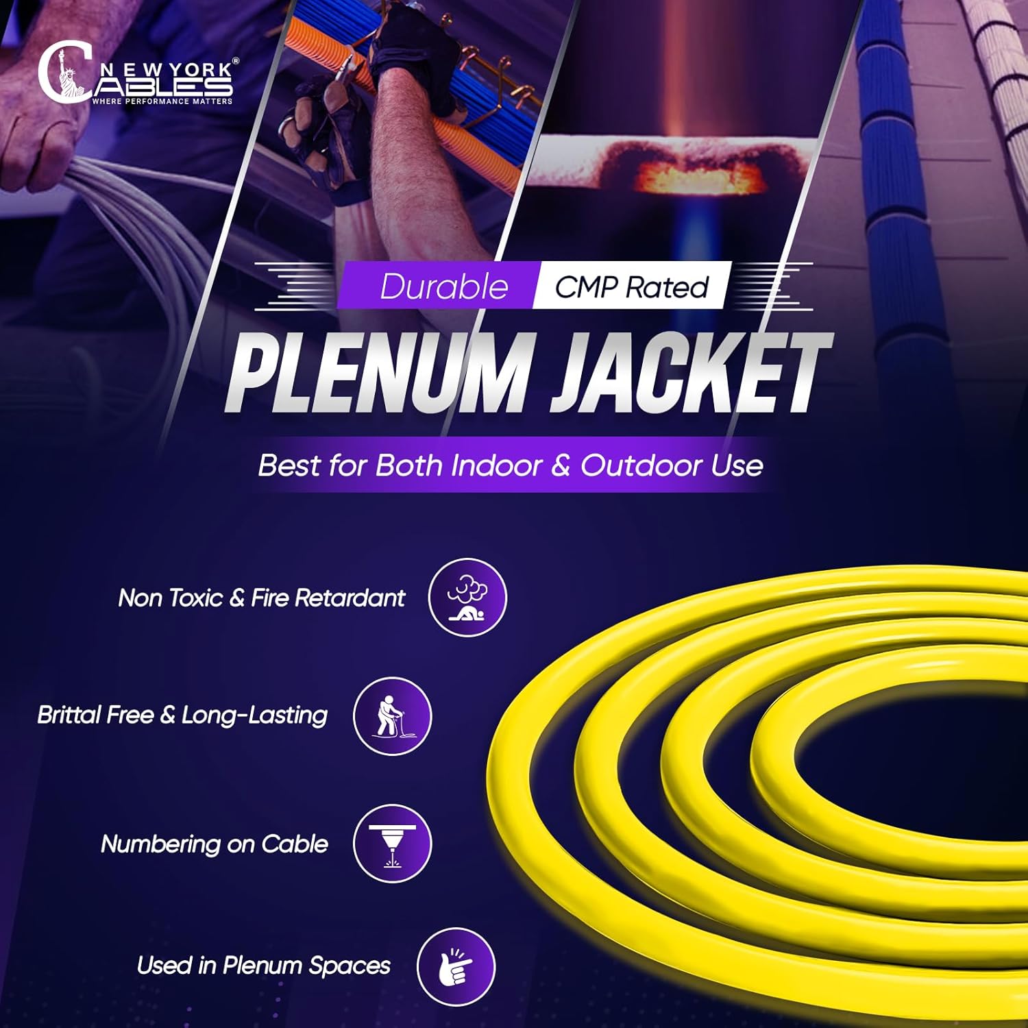 NewYork Cables | Cat6A Plenum (CMP) Cable 1000ft, 750MHz, PoE++ (4PPoE) | 100% Solid Bare Copper 10GB High Speed Ethernet Cable | 23AWG 4 Pair (UTP) Solid Conductors Available in 7 Colors (Yellow)
