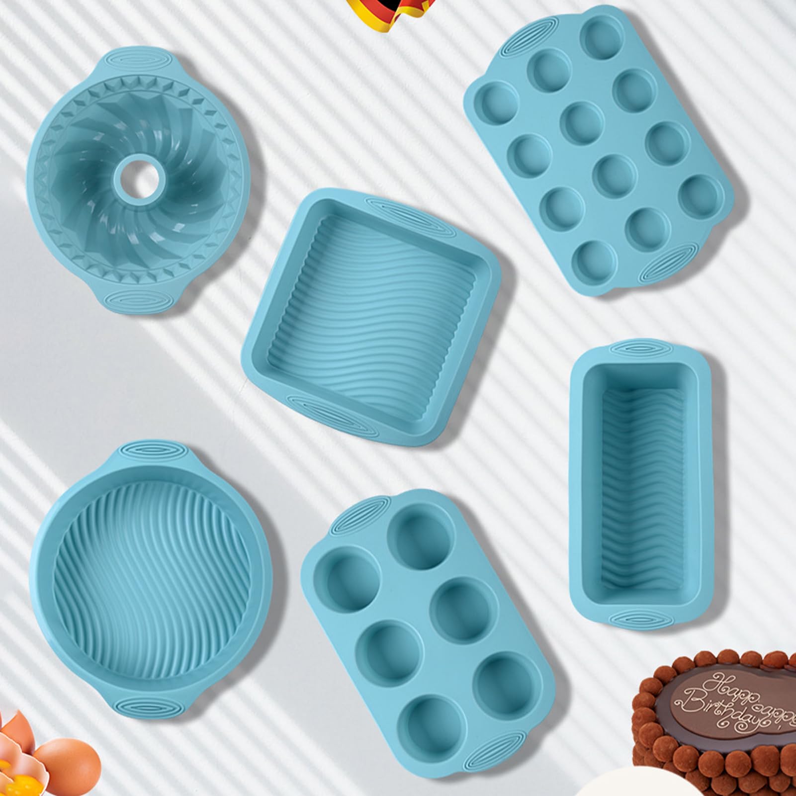 Juego de 6 moldes de silicona antiadherentes para hornear, moldes de silicona antiadherentes, moldes de silicona para hornear, molde para magdalenas, bandeja para hornear (azul)