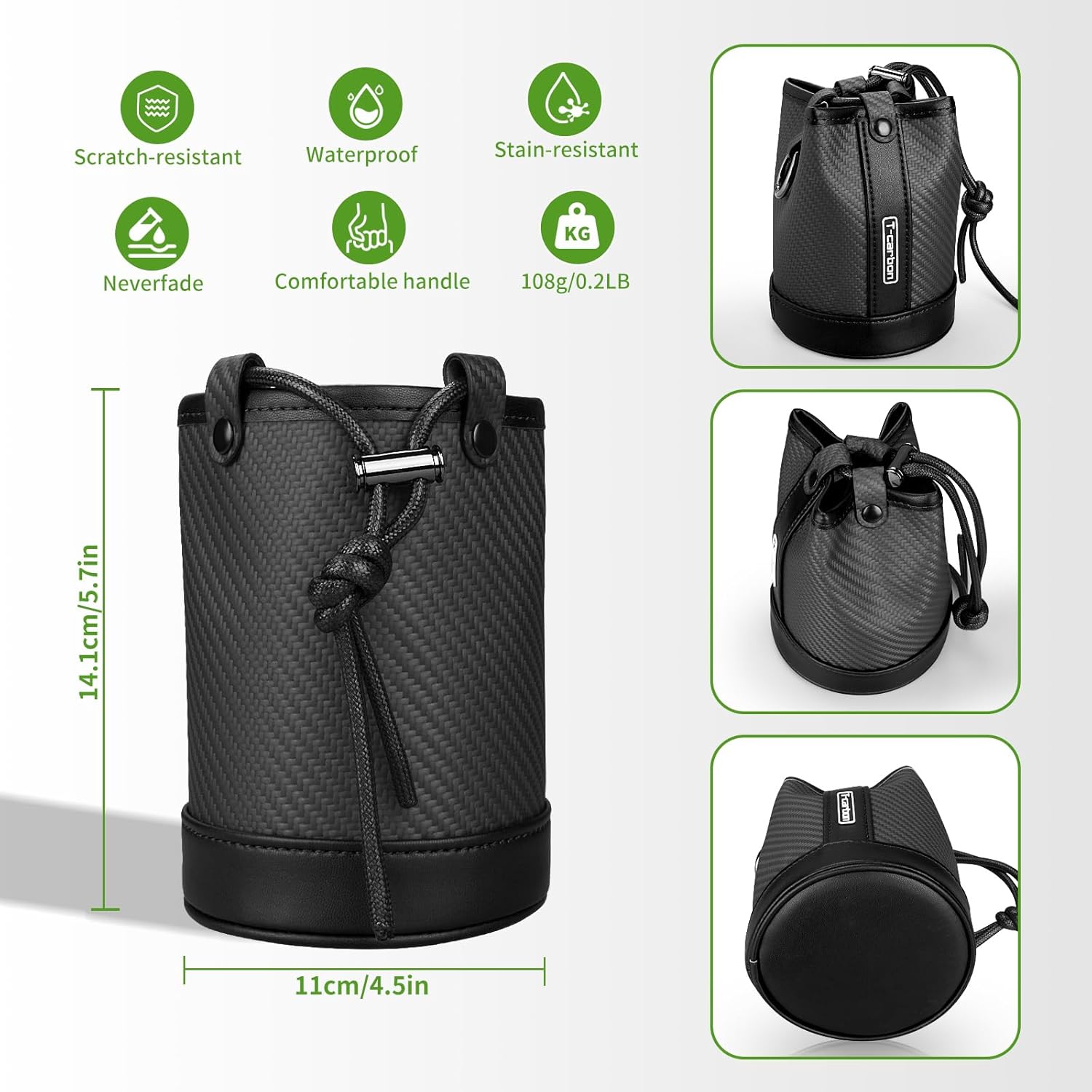 T-carbon Travel Gear Professional Valuables Golf Pouch;Bucket Waist Design Bag with Drawstrings;Carbon Fiber and Leather Golf Tee Bag for Glofers Men Women Very Practical Black