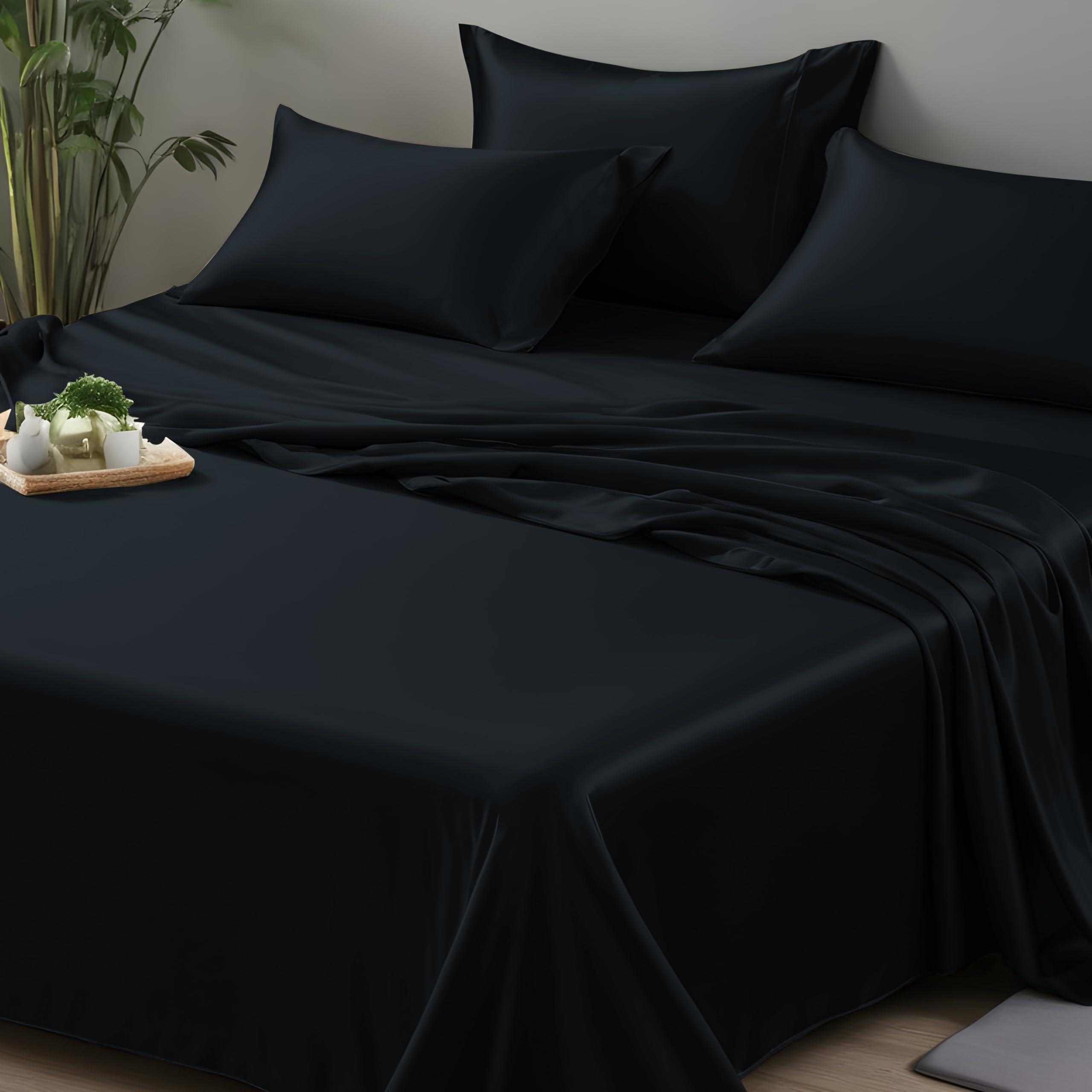 LINENWALAS Organic Vegan Bamboo Flat Sheet Only, Softest, Silky Cool Bamboo Bedding Only Flat Bed Sheet Emperor Size Luxury Flat Sheet Perfect for Skin (126x114 Inches, Jet Black)